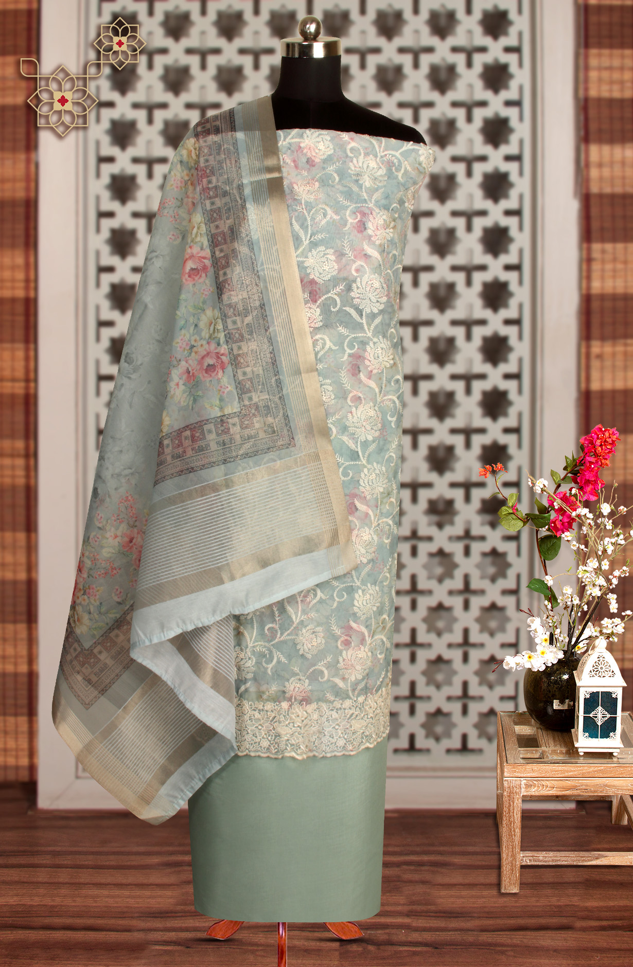 Sea Green Beautiful Organza Embroidered Salwar Kameez - 838-6853C