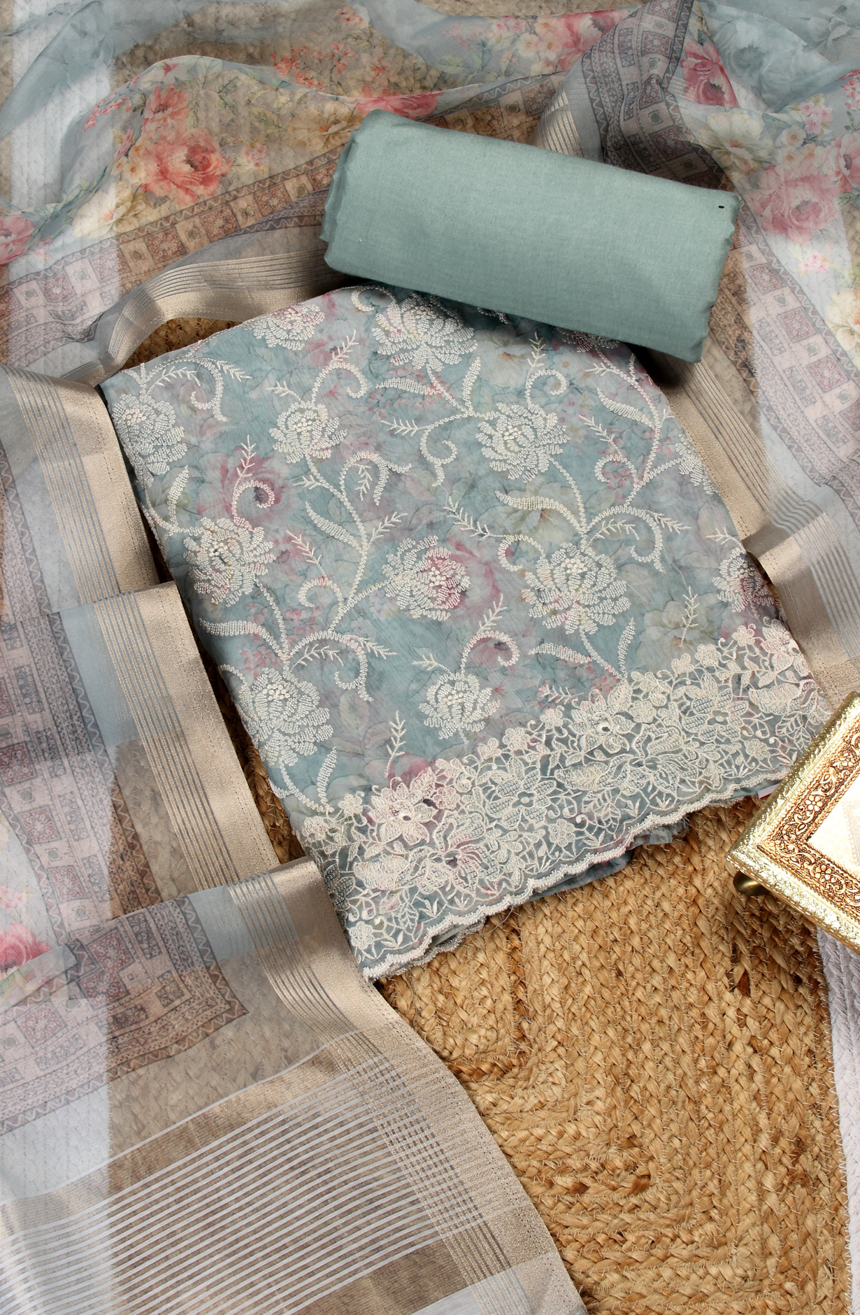 Sea Green Beautiful Organza Embroidered Salwar Kameez - 838-6853C