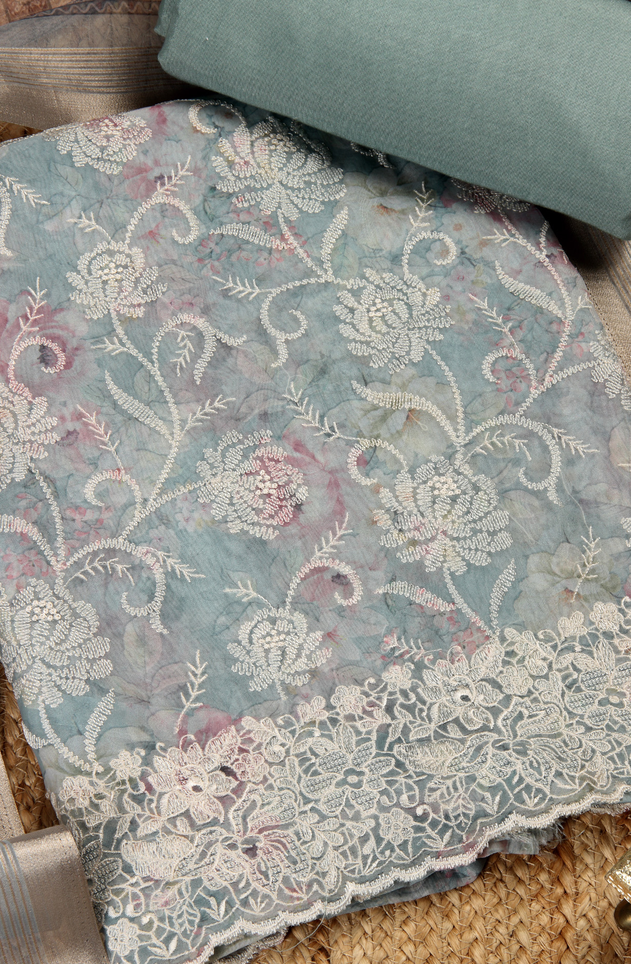 Sea Green Beautiful Organza Embroidered Salwar Kameez - 838-6853C