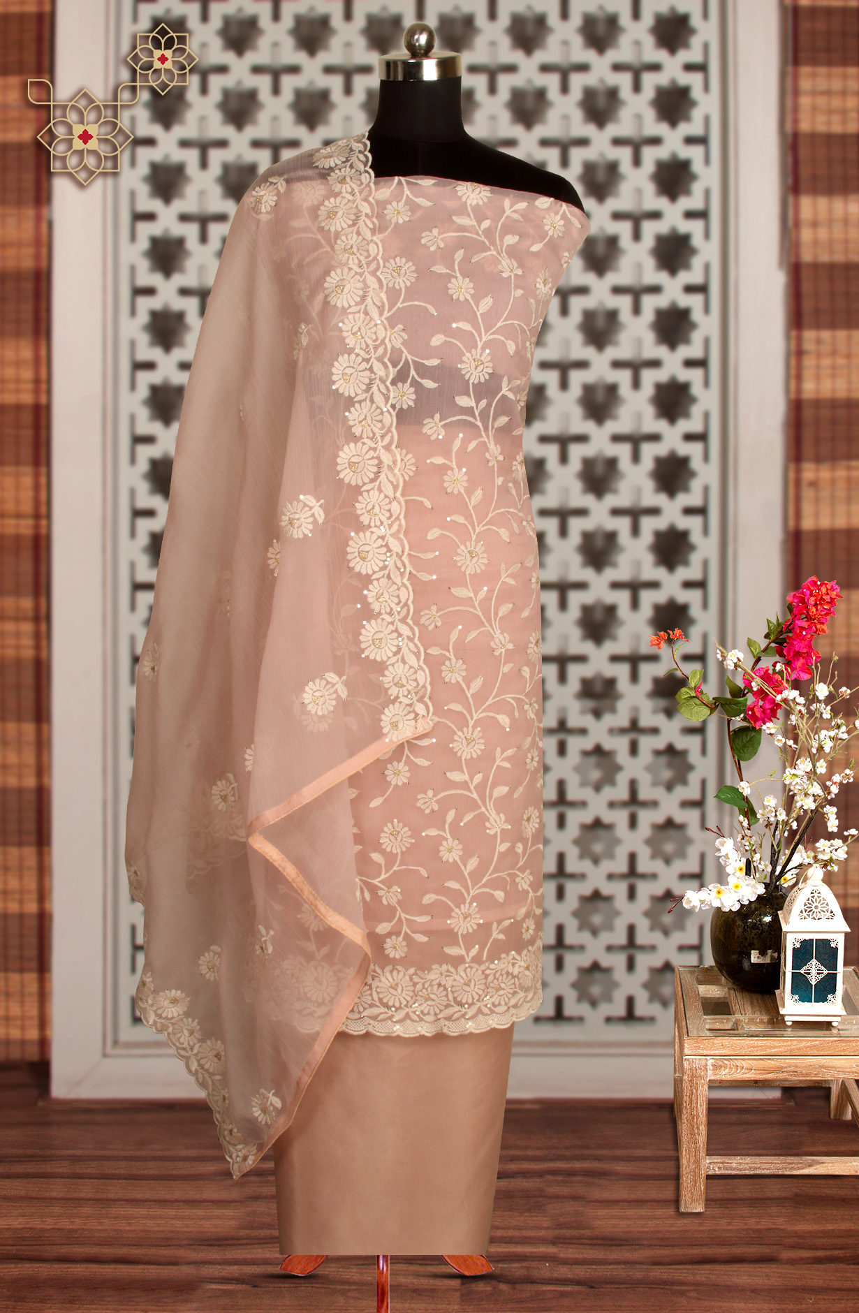Peach Beautiful Organza Embroidered Salwar Kameez - 838-6857B