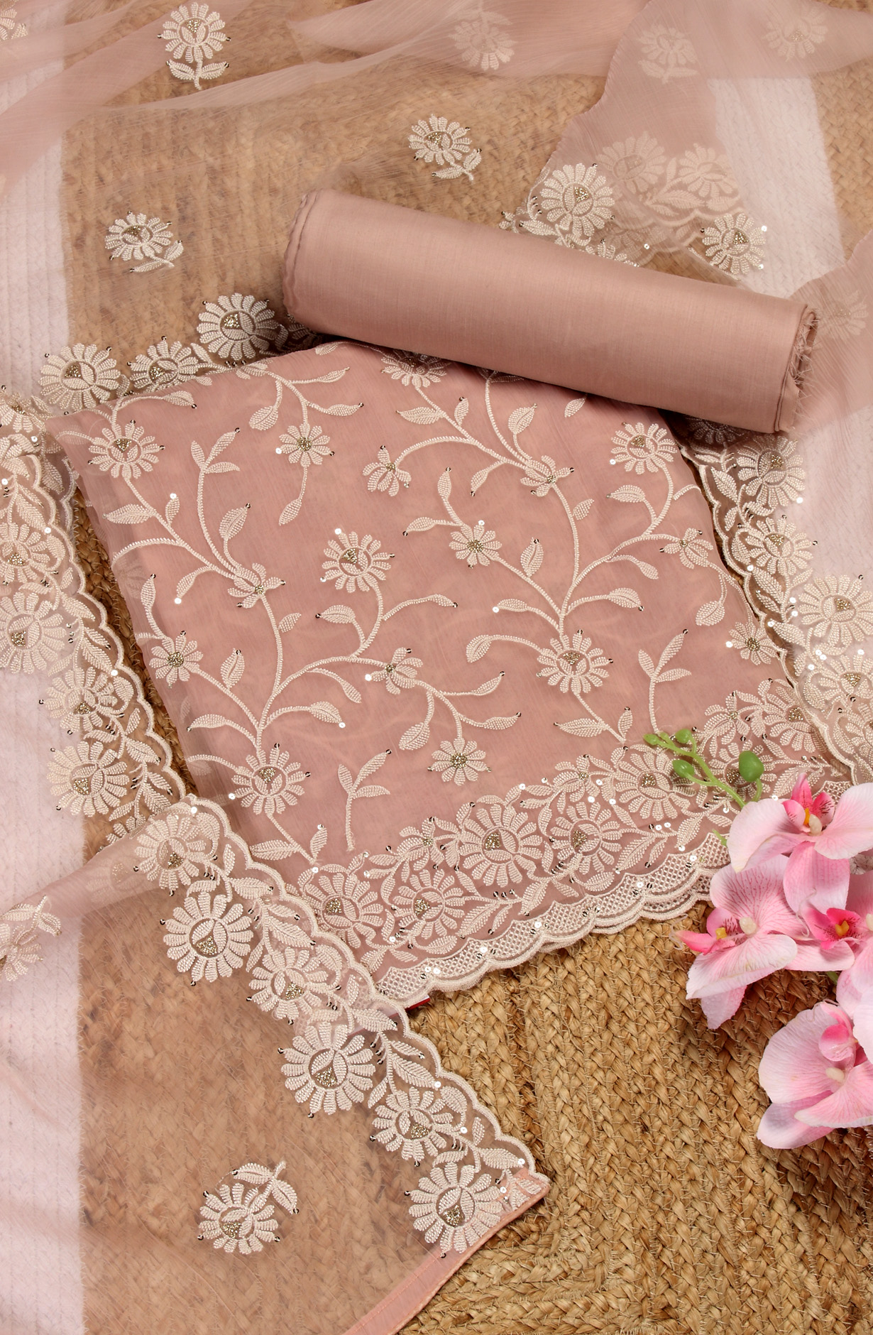 Peach Beautiful Organza Embroidered Salwar Kameez - 838-6857B