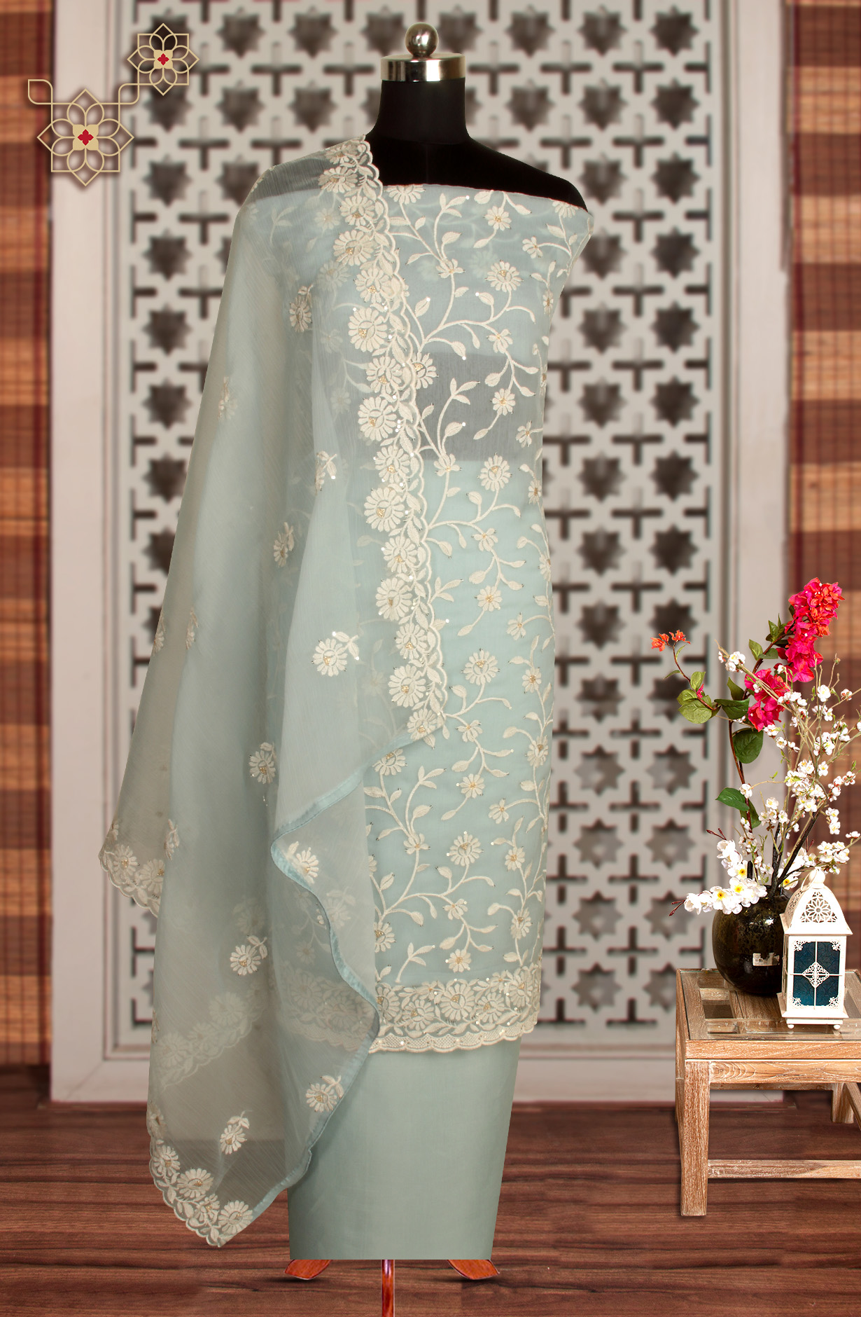 Sea Green Beautiful Organza Embroidered Salwar Kameez - 838-6857C