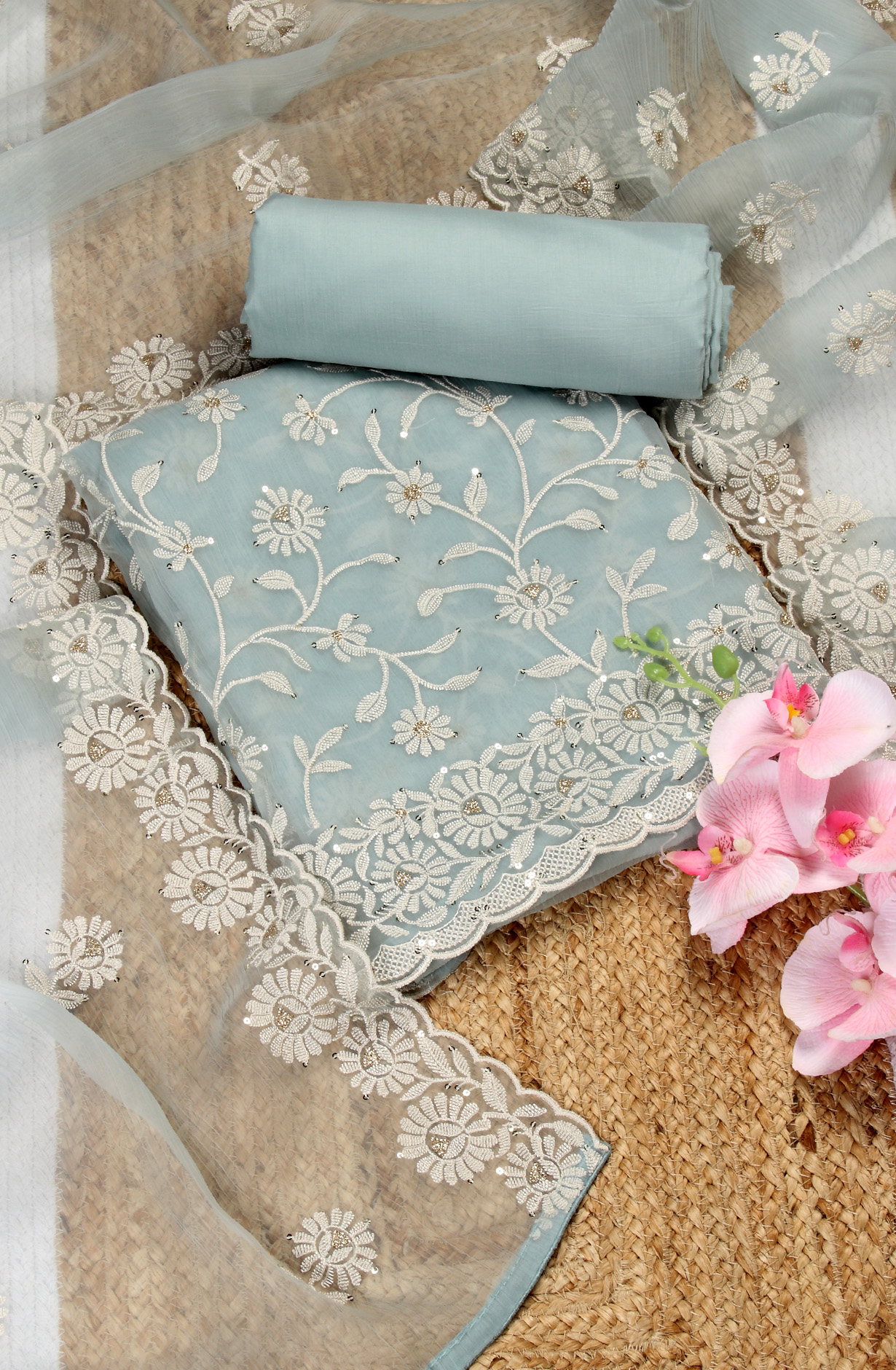 Sea Green Beautiful Organza Embroidered Salwar Kameez - 838-6857C