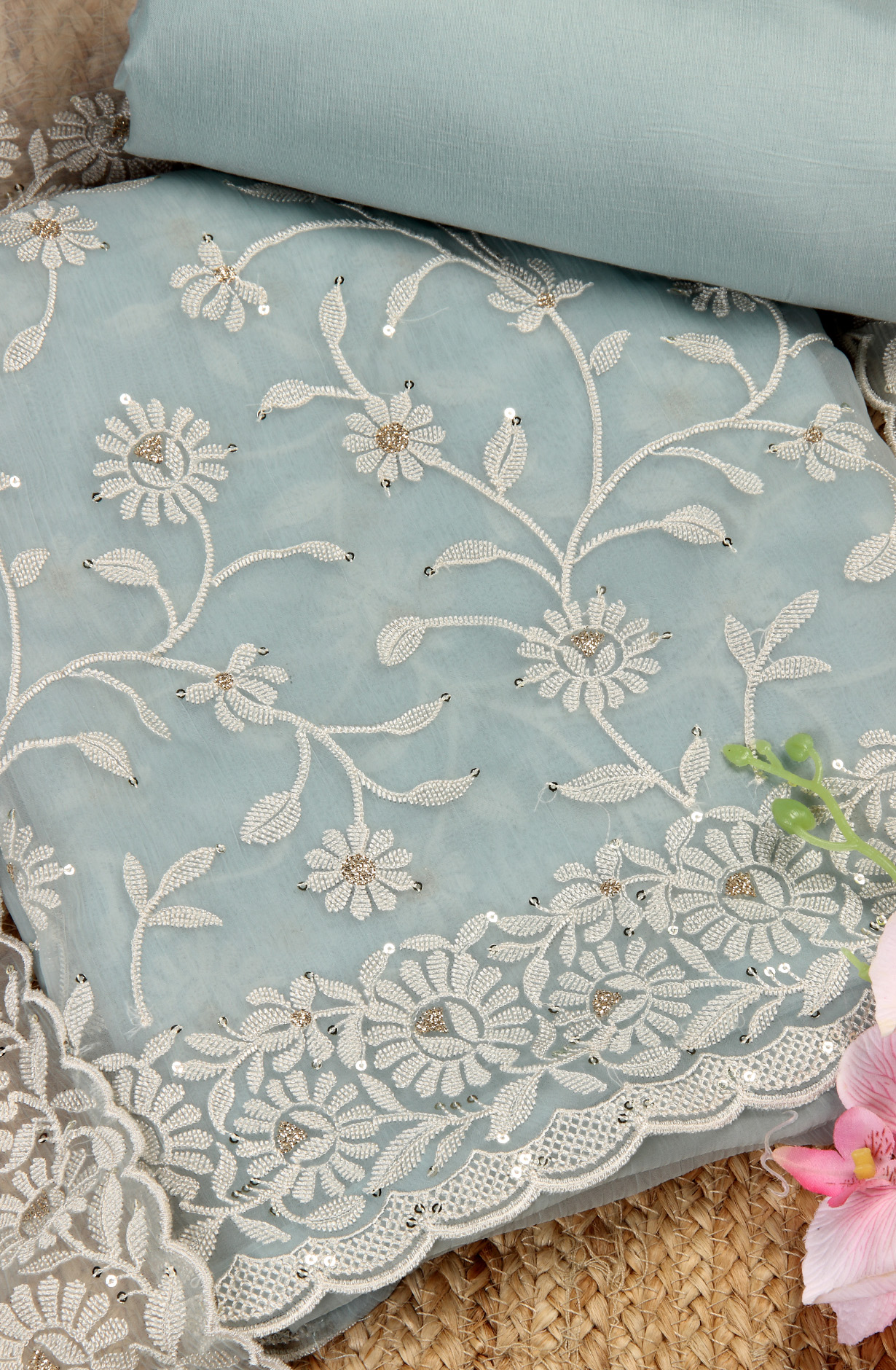 Sea Green Beautiful Organza Embroidered Salwar Kameez - 838-6857C