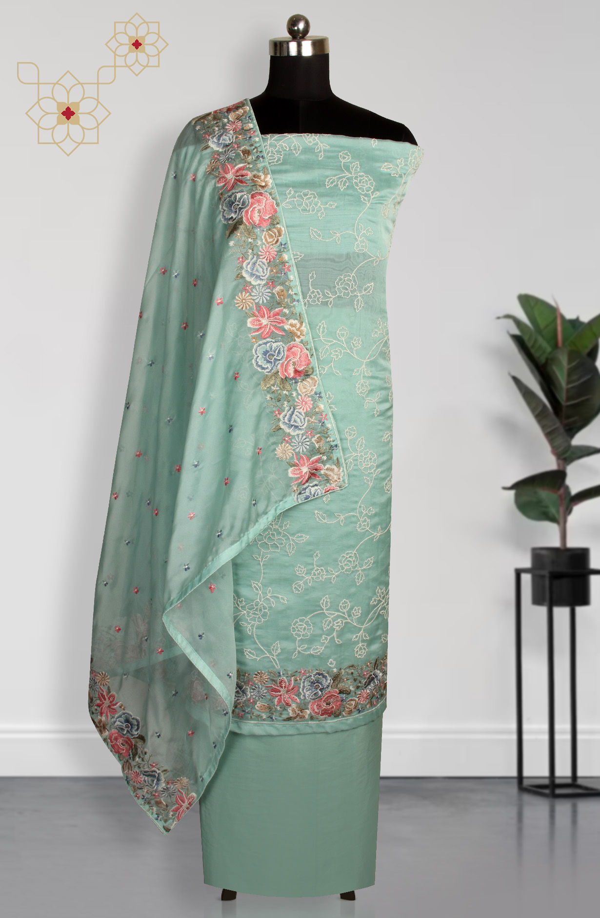 Sea Green Organza Designer Embroidered Salwar Kameez - 838-6891C