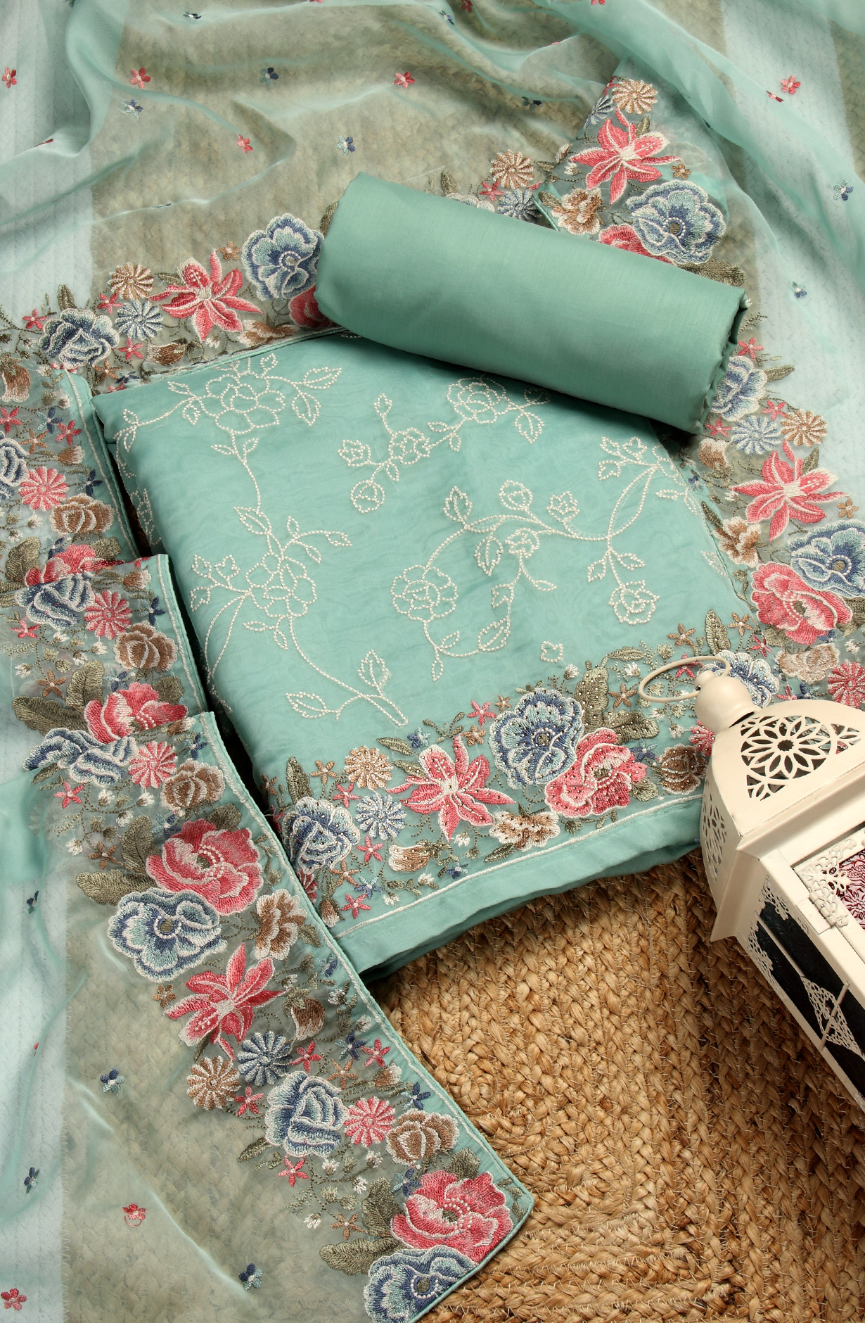 Sea Green Organza Designer Embroidered Salwar Kameez - 838-6891C