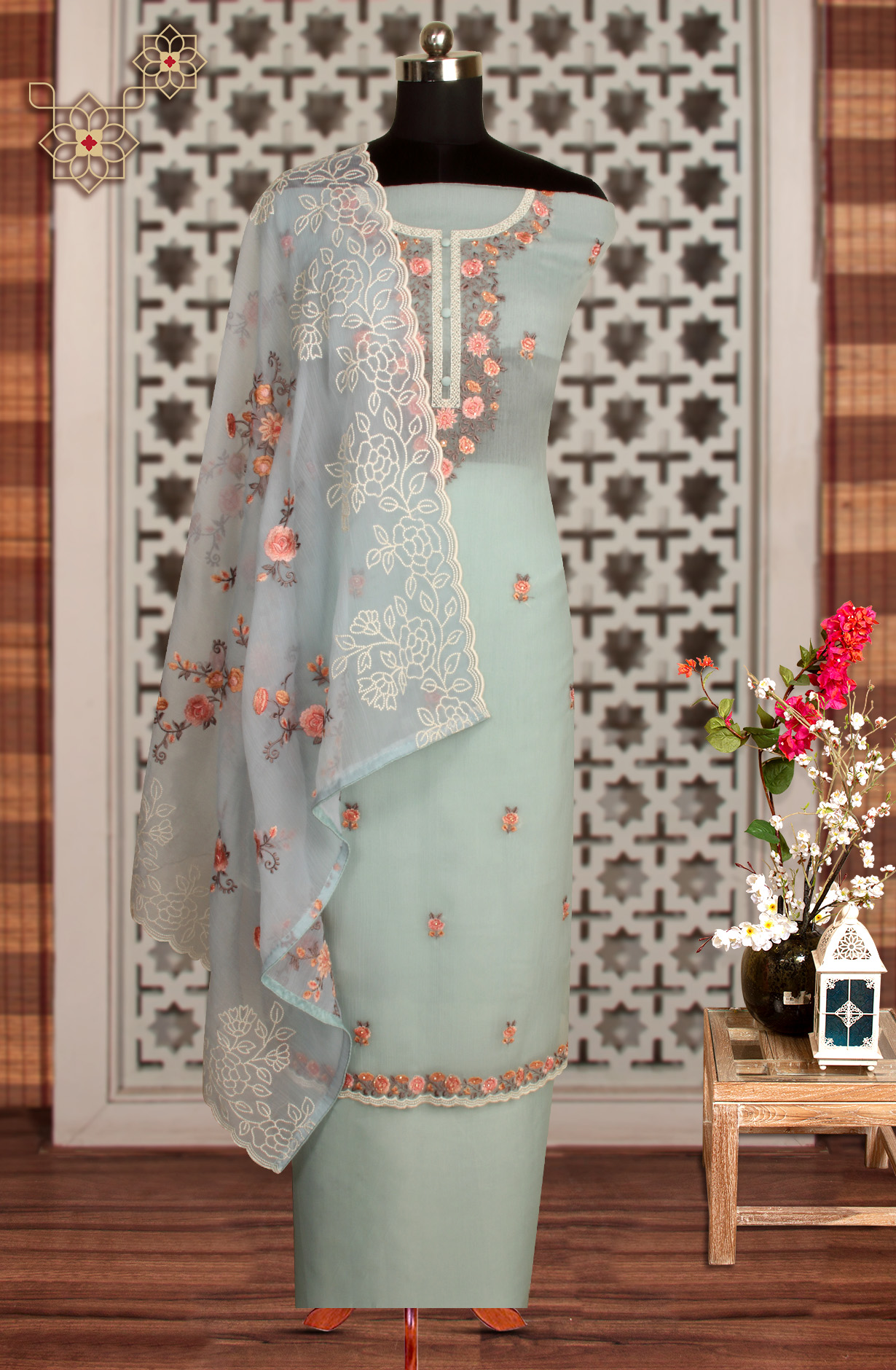 Sea Green Beautiful Organza Embroidered Salwar Suit - 838-6926C