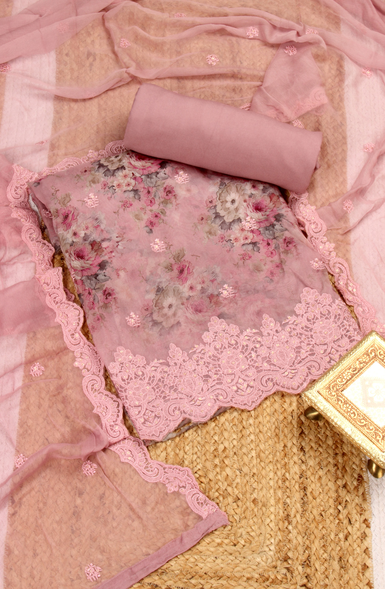 Pink Beautiful Organza Salwar Suit with Chiffon Dupatta - 838-6959