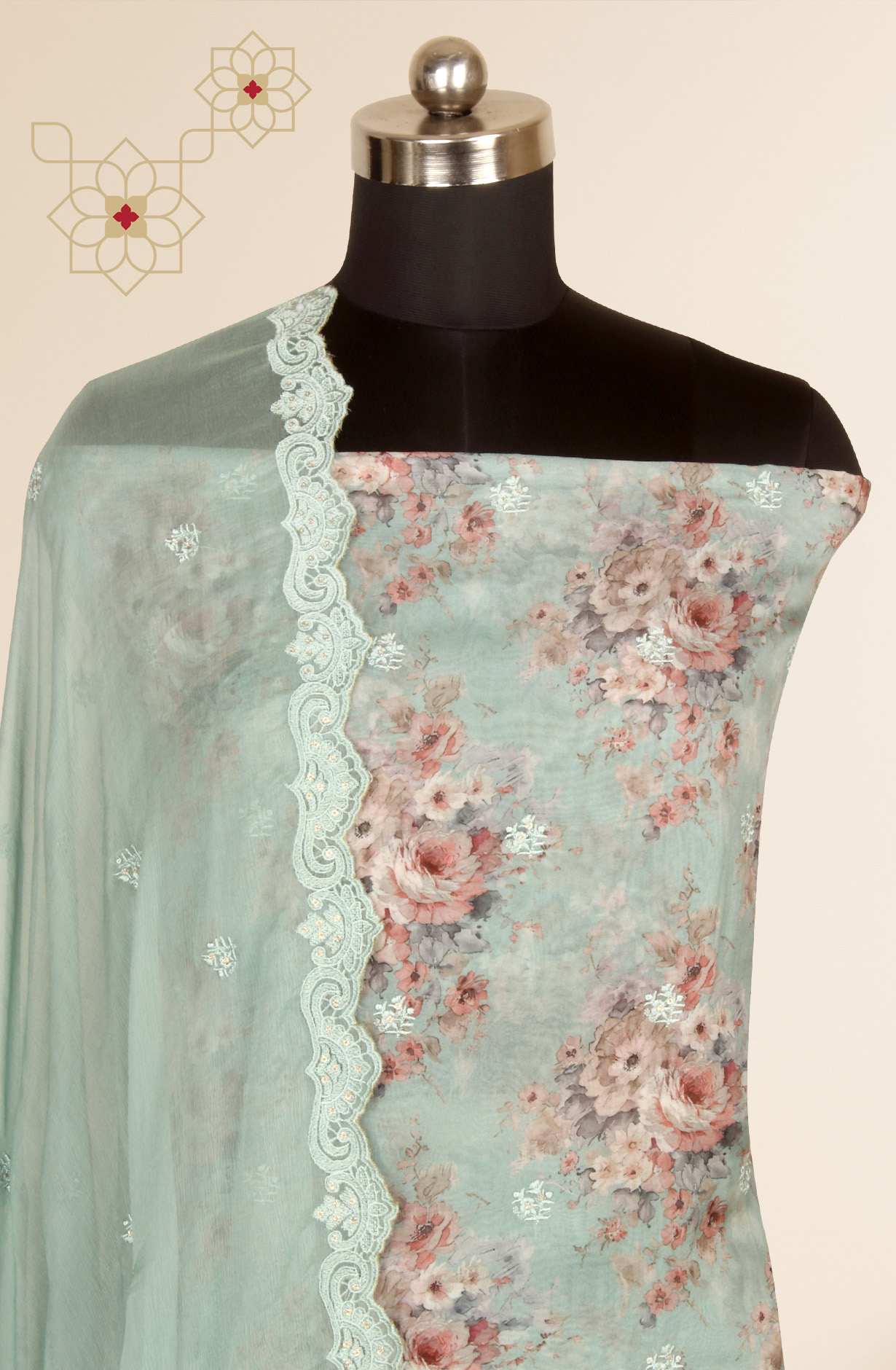 Sea Green Beautiful Organza Salwar Suit with Chiffon Dupatta - 838-6959B