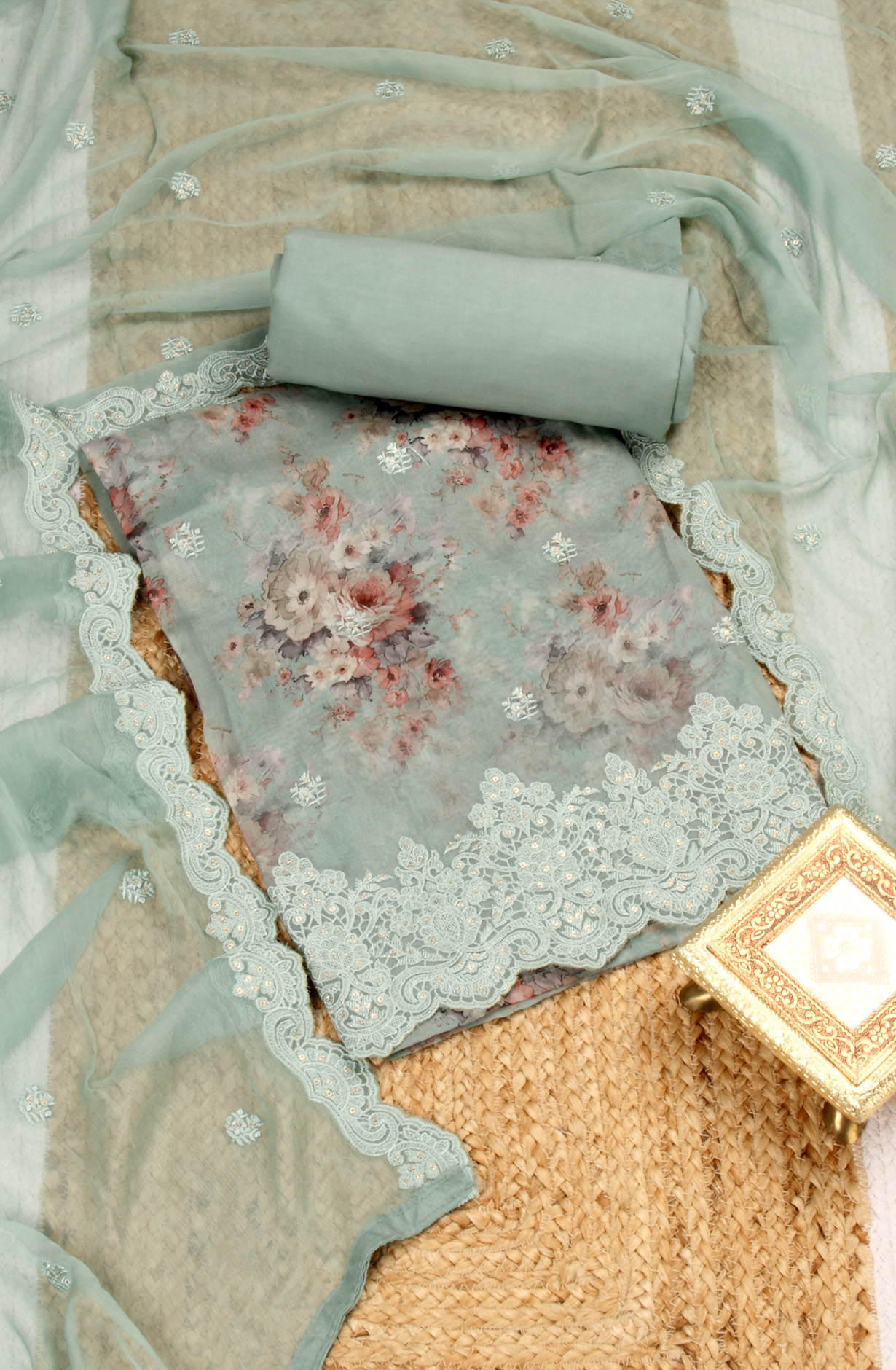 Sea Green Beautiful Organza Salwar Suit with Chiffon Dupatta - 838-6959B