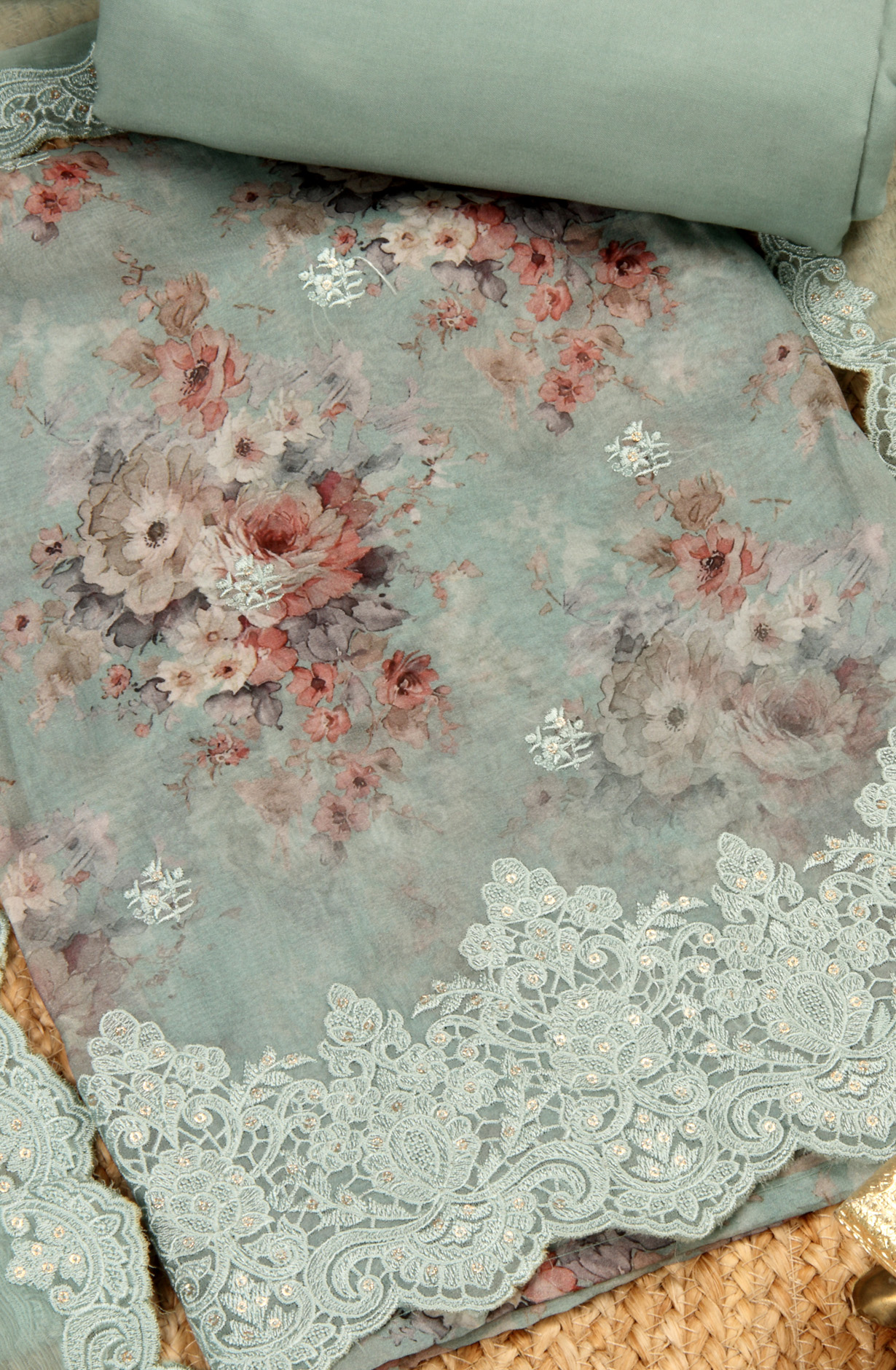 Sea Green Beautiful Organza Salwar Suit with Chiffon Dupatta - 838-6959B