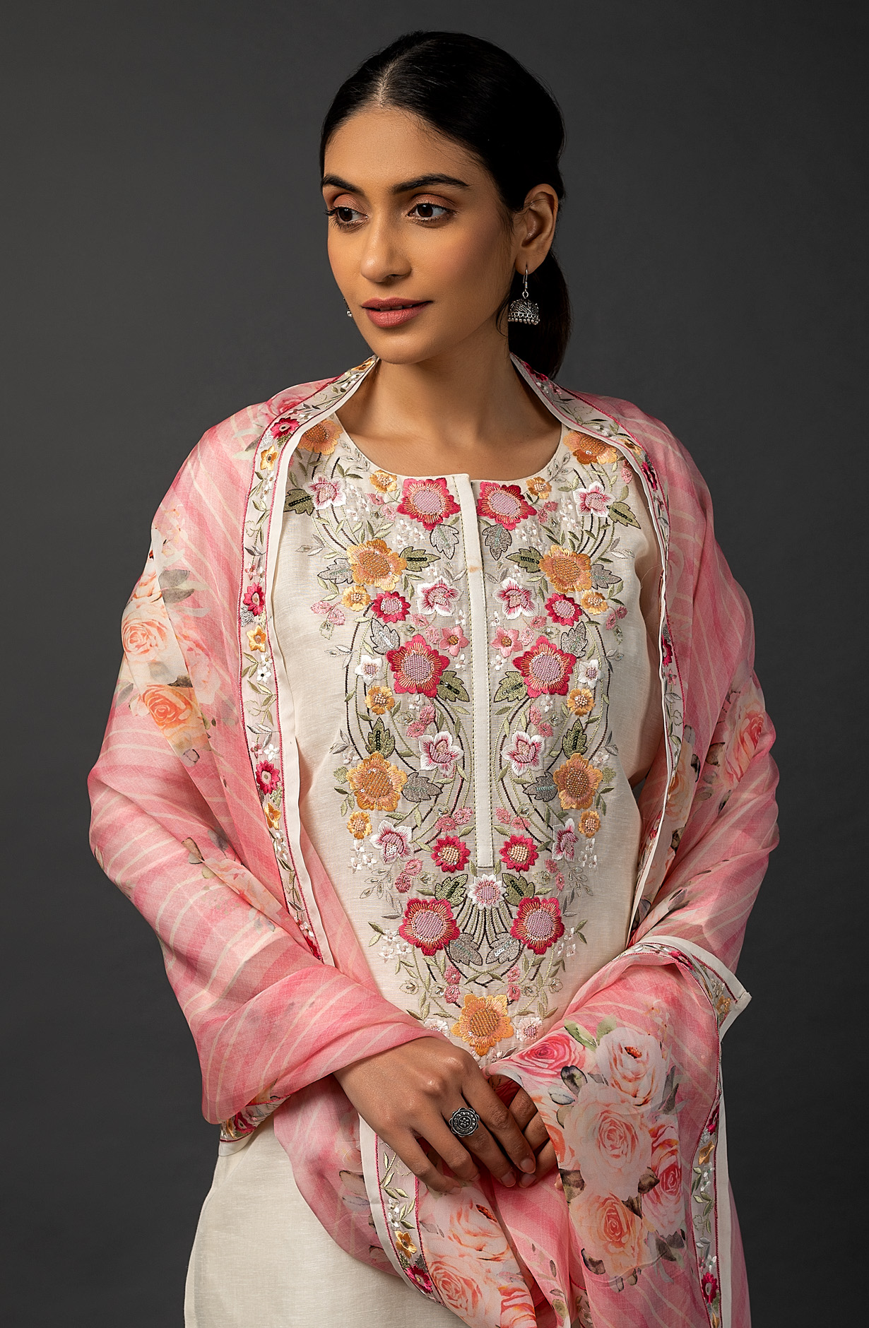 Cream Linen Exclusive Embroidered Suit with Organza Dupatta - R157-SPR1453