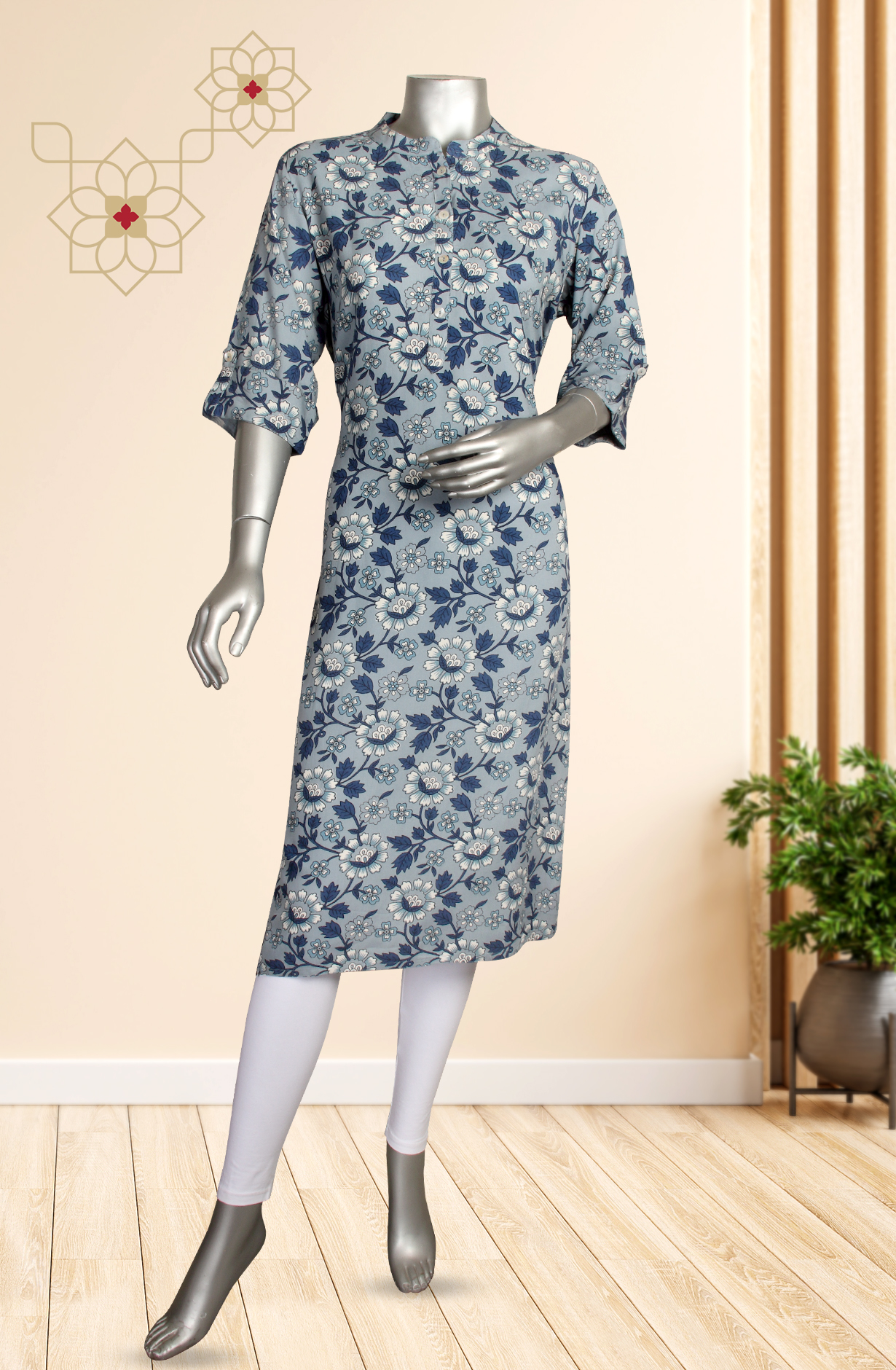 Grey and Blue Cotton Printed Kurti - 845-5033