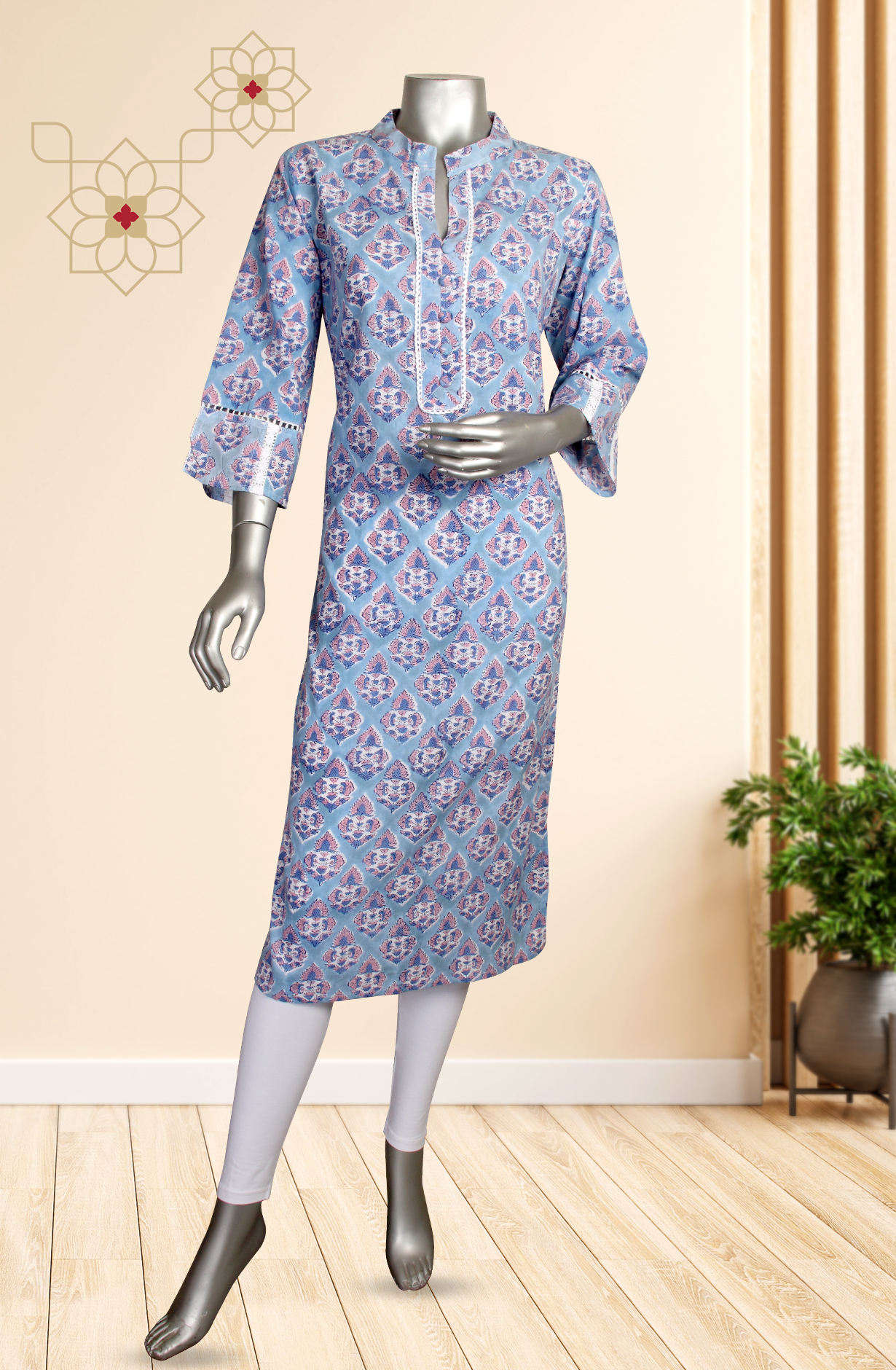 Pastel Blue Cotton Printed Kurti - 845-73616