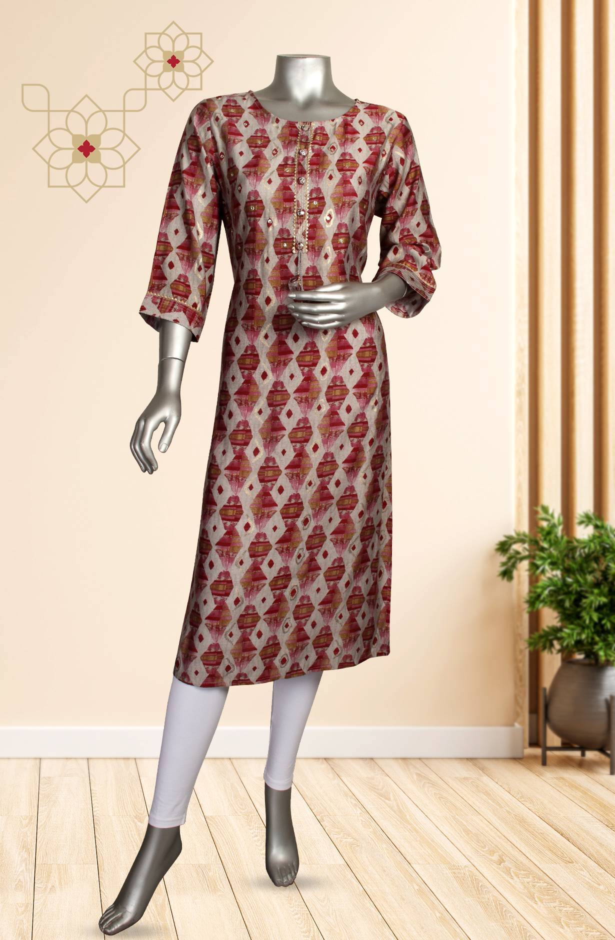 Grey and Maroon Printed Cotton Kurti - 845-73892