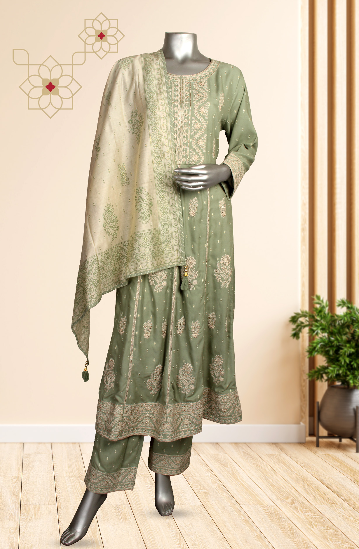 Ready-to-Wear Sea Green Modal Kurti Pant Set with Dupatta - 845-74191