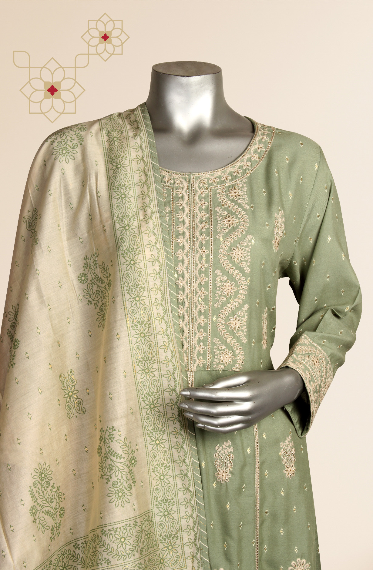 Ready-to-Wear Sea Green Modal Kurti Pant Set with Dupatta - 845-74191
