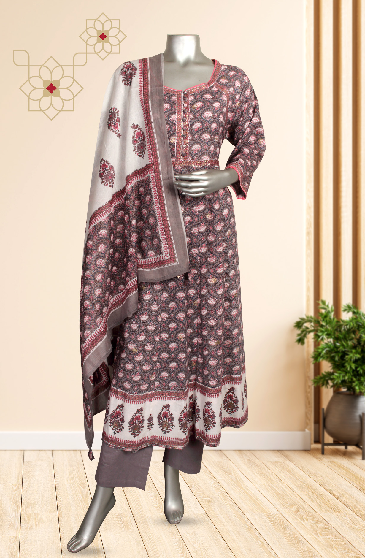 Ready-to-Wear Multi-coloured Cotton Kurti Pant Set with Dupatta - 845-74539