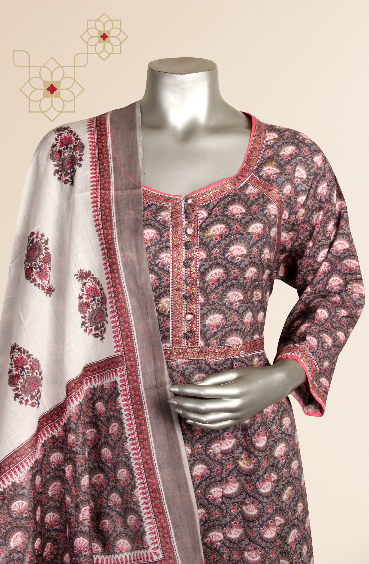 Ready-to-Wear Multi-coloured Cotton Kurti Pant Set with Dupatta - 845-74539