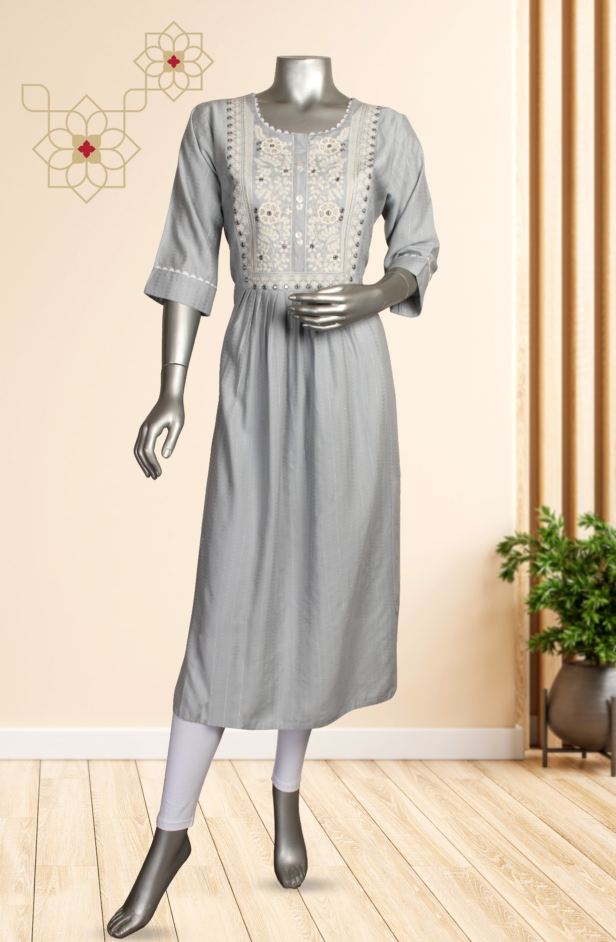 Grey Cotton Jacquard Embroidered Kurti - 845-74653
