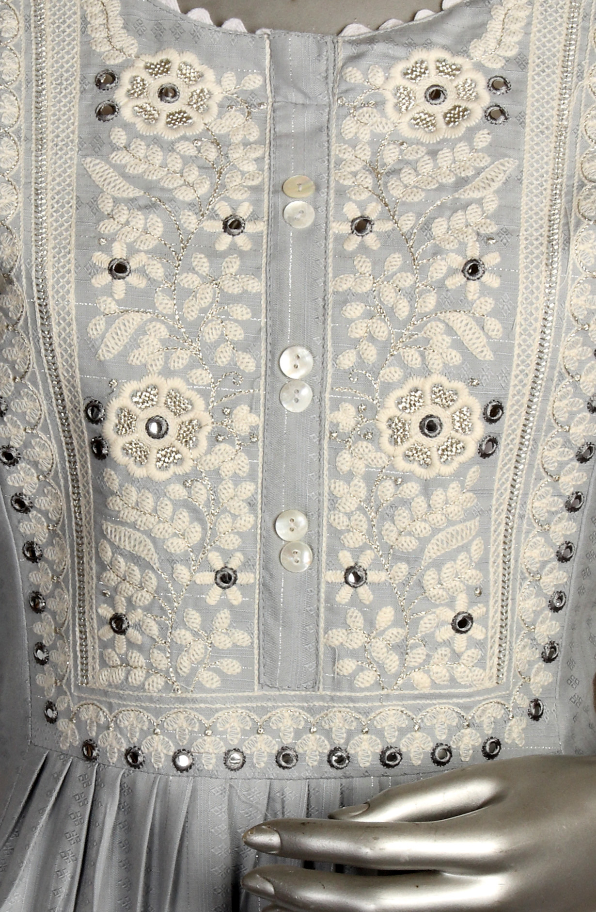 Grey Cotton Jacquard Embroidered Kurti - 845-74653