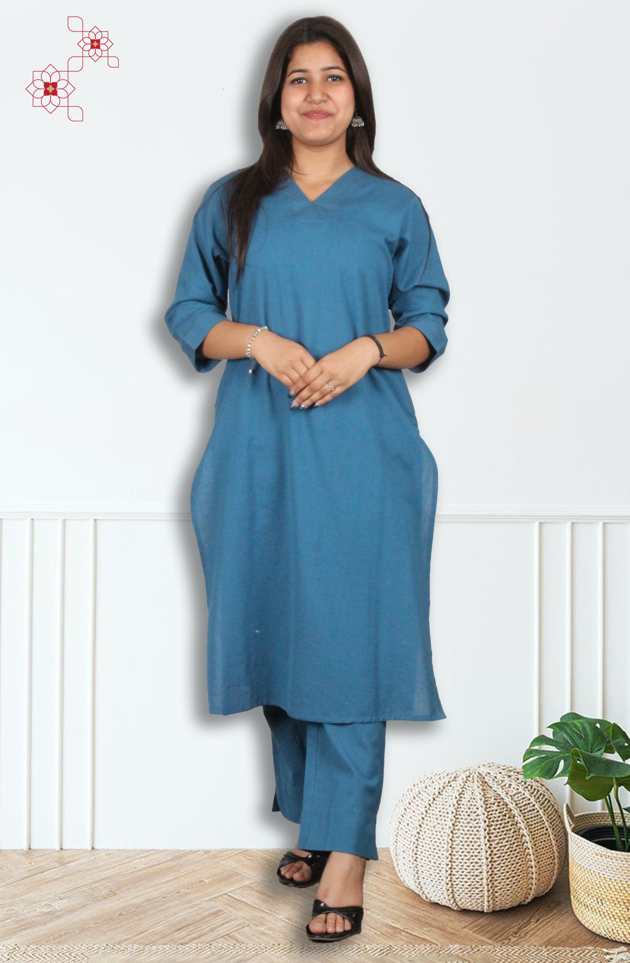 Teal Cotton Readymade Top Bottom Set - 845-76140 - Available Size M to XXXL