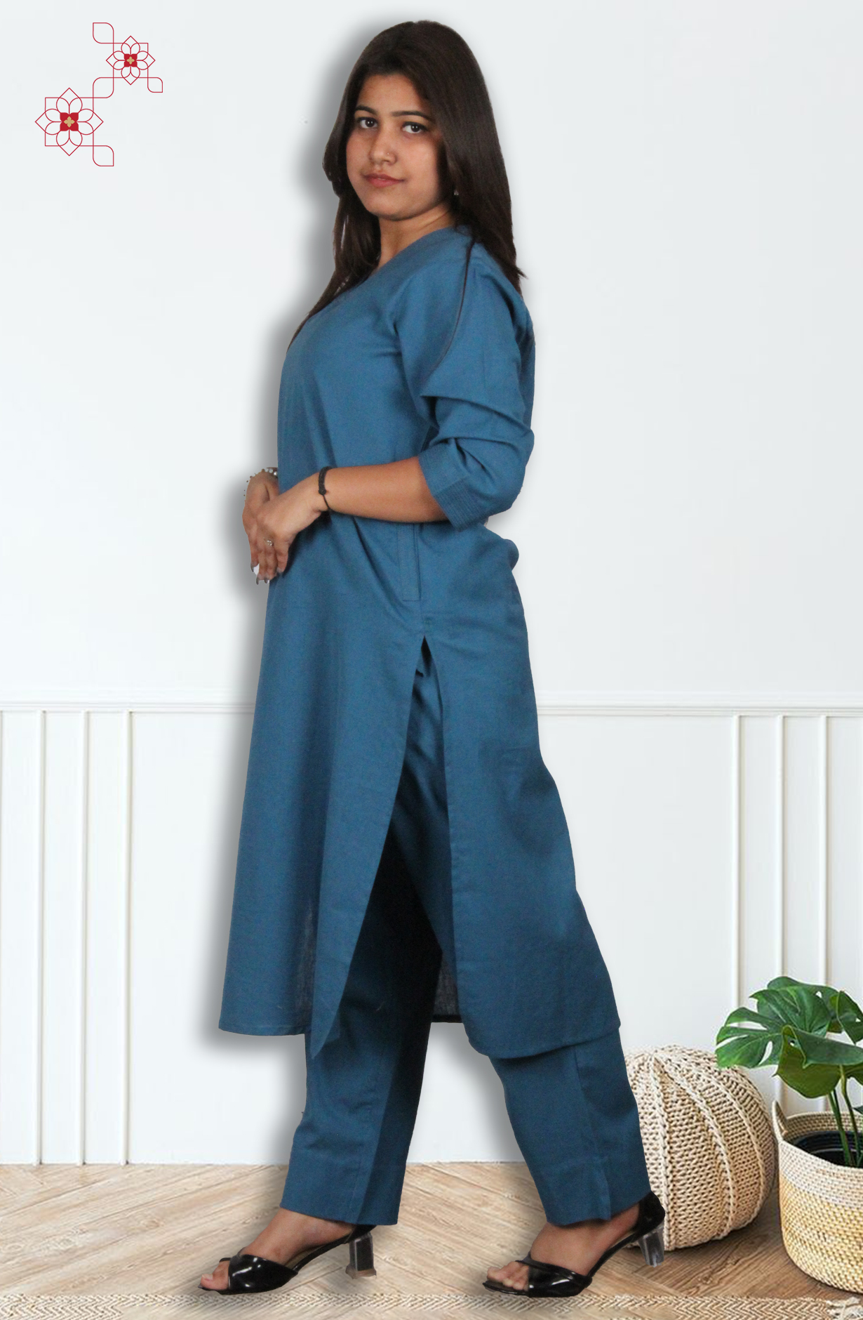 Teal Cotton Readymade Top Bottom Set - 845-76140 - Available Size M to XXXL