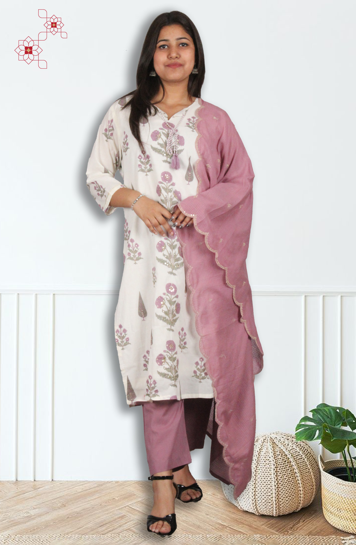 Off-white Mauve Readymade Cotton Printed Salwar Suit with Dupatta - 845-76223 - Available Size M to XXL