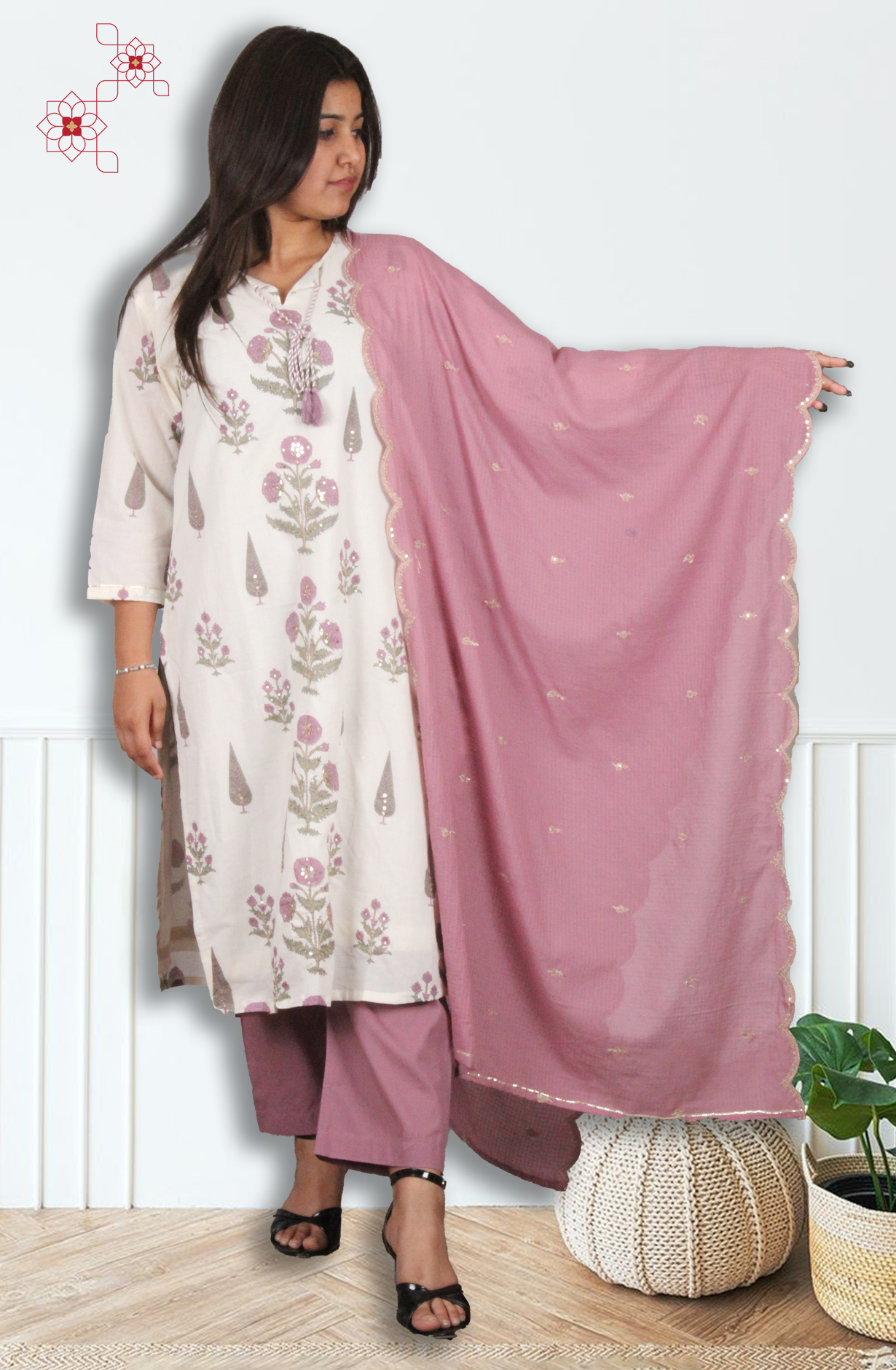 Off-white Mauve Readymade Cotton Printed Salwar Suit with Dupatta - 845-76223 - Available Size M to XXL
