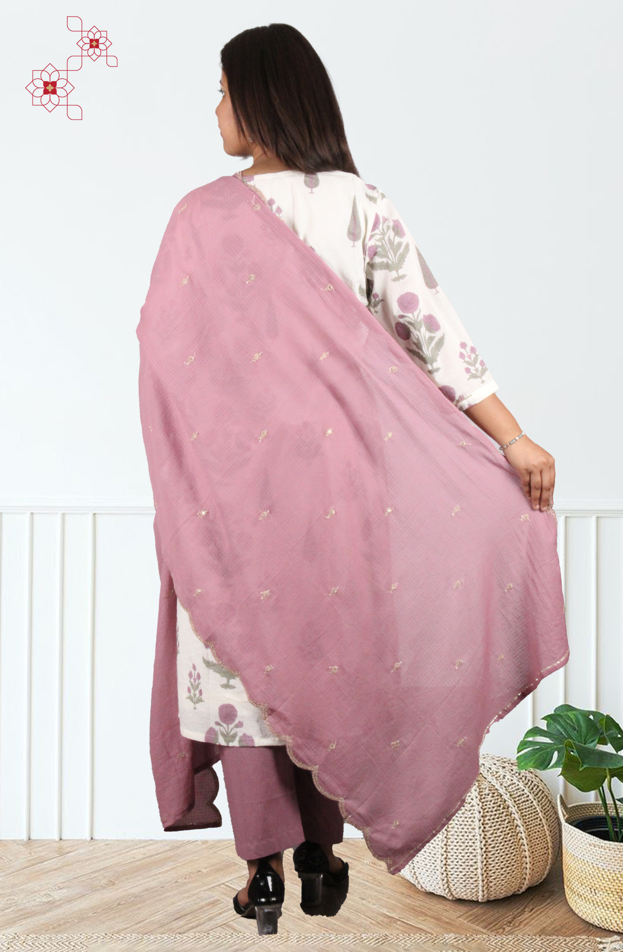 Off-white Mauve Readymade Cotton Printed Salwar Suit with Dupatta - 845-76223 - Available Size M to XXL