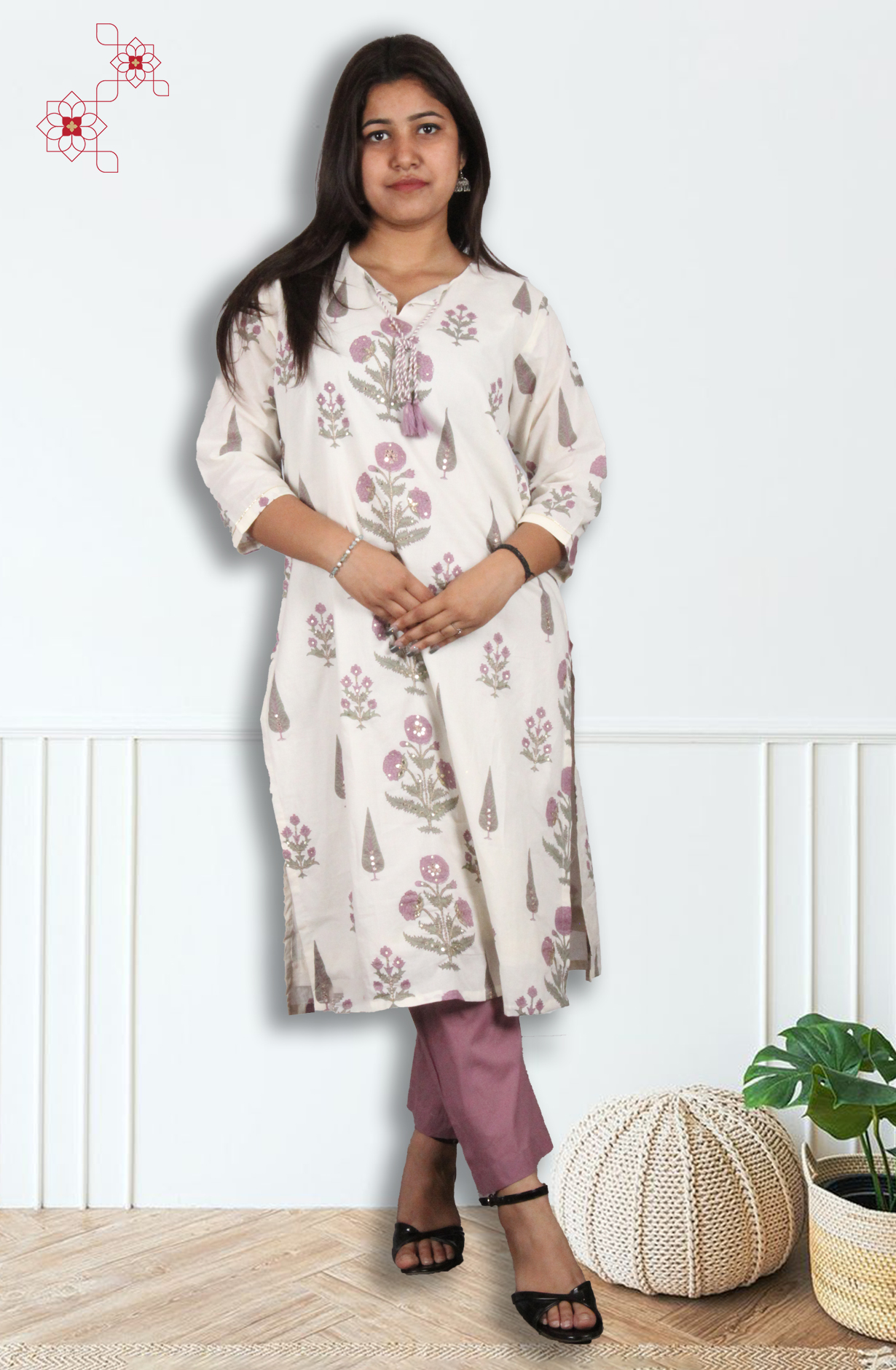 Off-white Mauve Readymade Cotton Printed Salwar Suit with Dupatta - 845-76223 - Available Size M to XXL