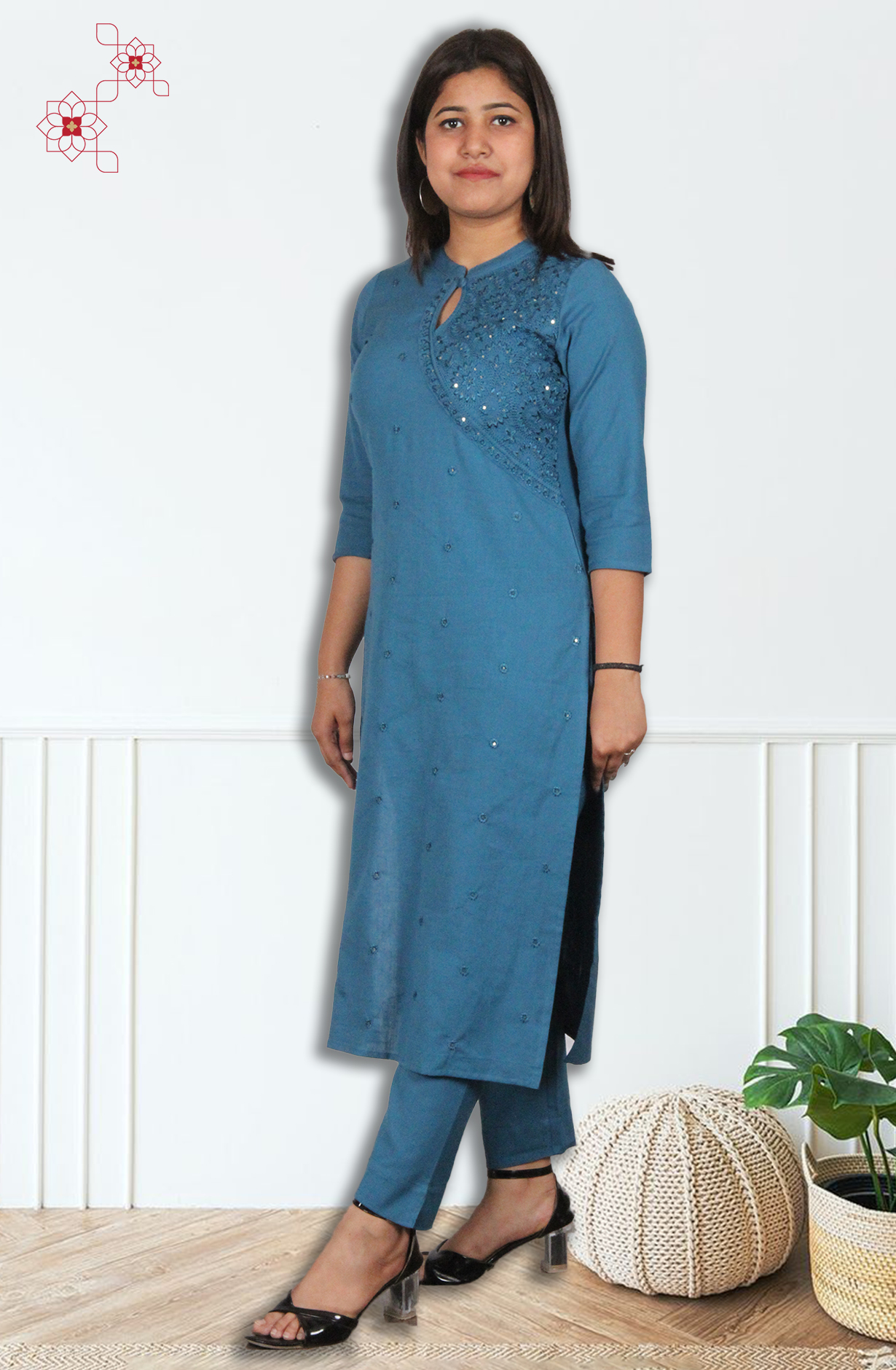 Teal Cotton Readymade Embroidered Top Bottom Set - 845-76224 - Available Size M to XXXL