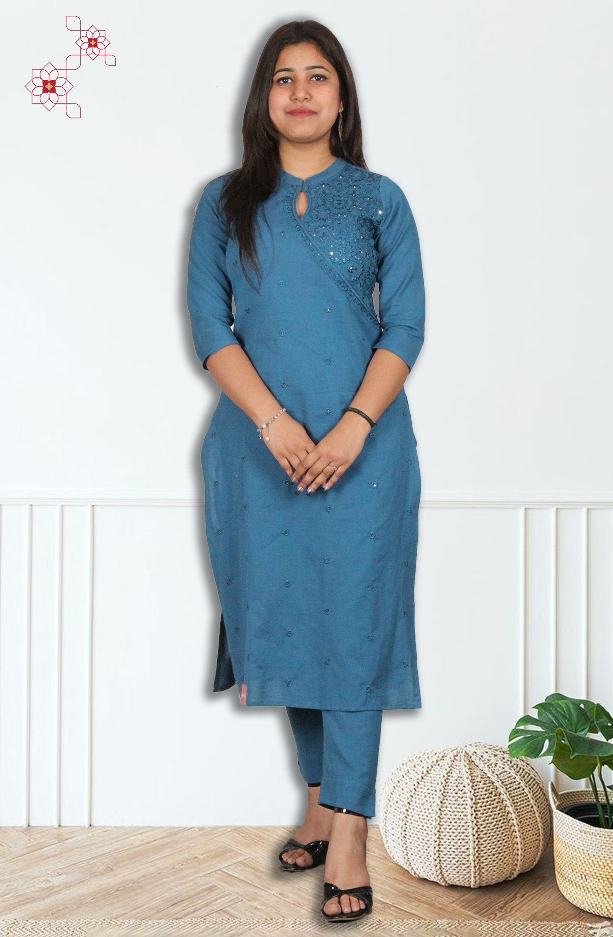 Teal Cotton Readymade Embroidered Top Bottom Set - 845-76224 - Available Size M to XXXL