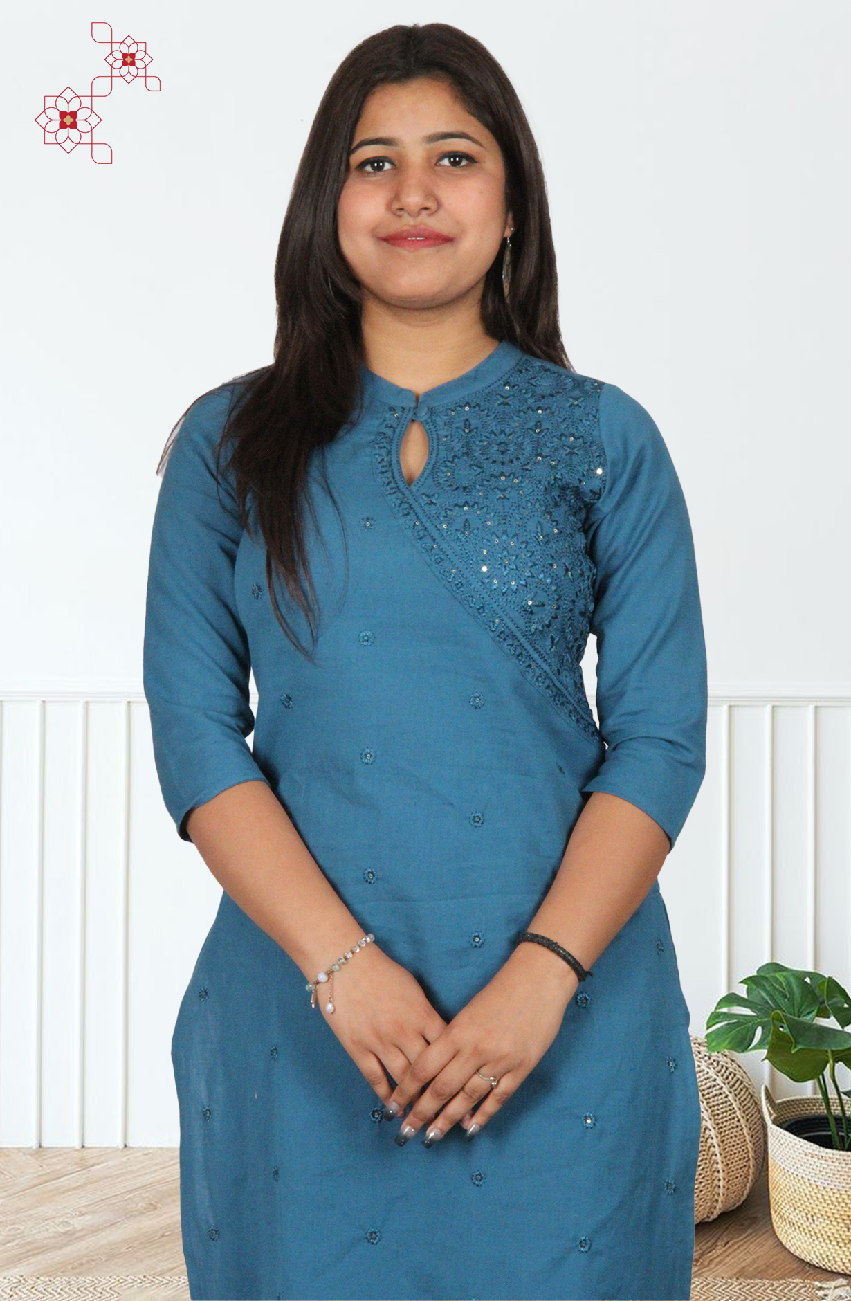 Teal Cotton Readymade Embroidered Top Bottom Set - 845-76224 - Available Size M to XXXL