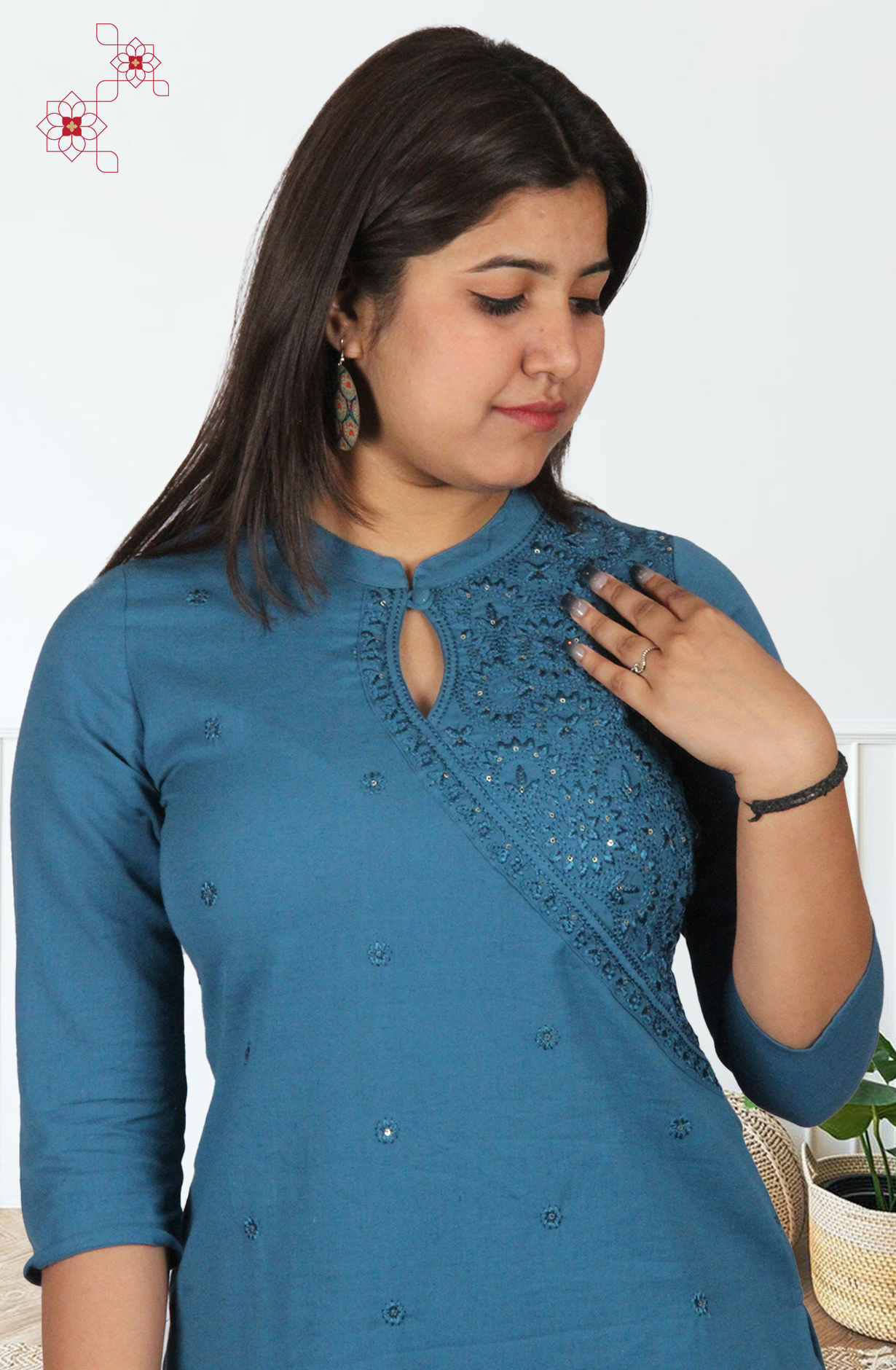 Teal Cotton Readymade Embroidered Top Bottom Set - 845-76224 - Available Size M to XXXL