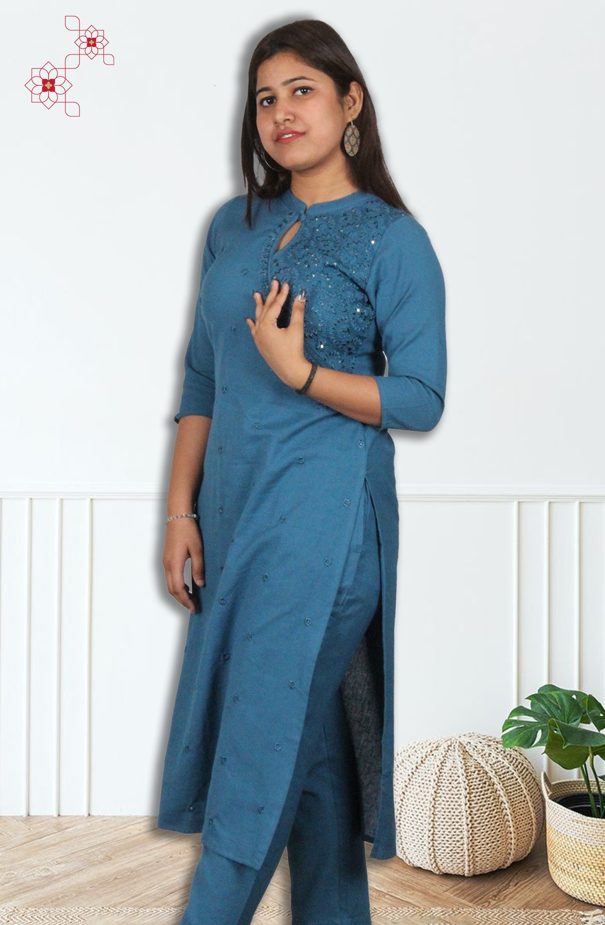 Teal Cotton Readymade Embroidered Top Bottom Set - 845-76224 - Available Size M to XXXL