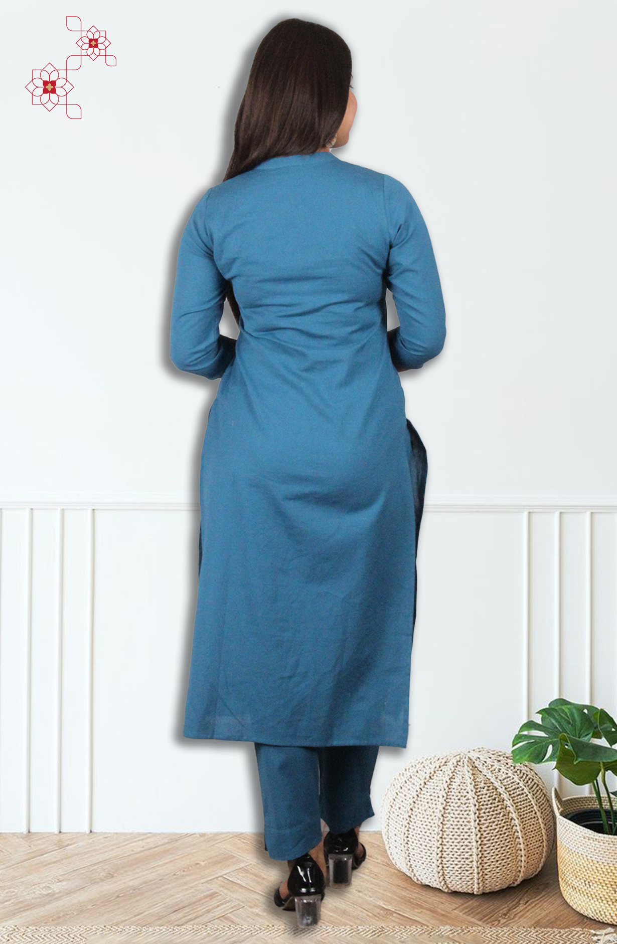 Teal Cotton Readymade Embroidered Top Bottom Set - 845-76224 - Available Size M to XXXL