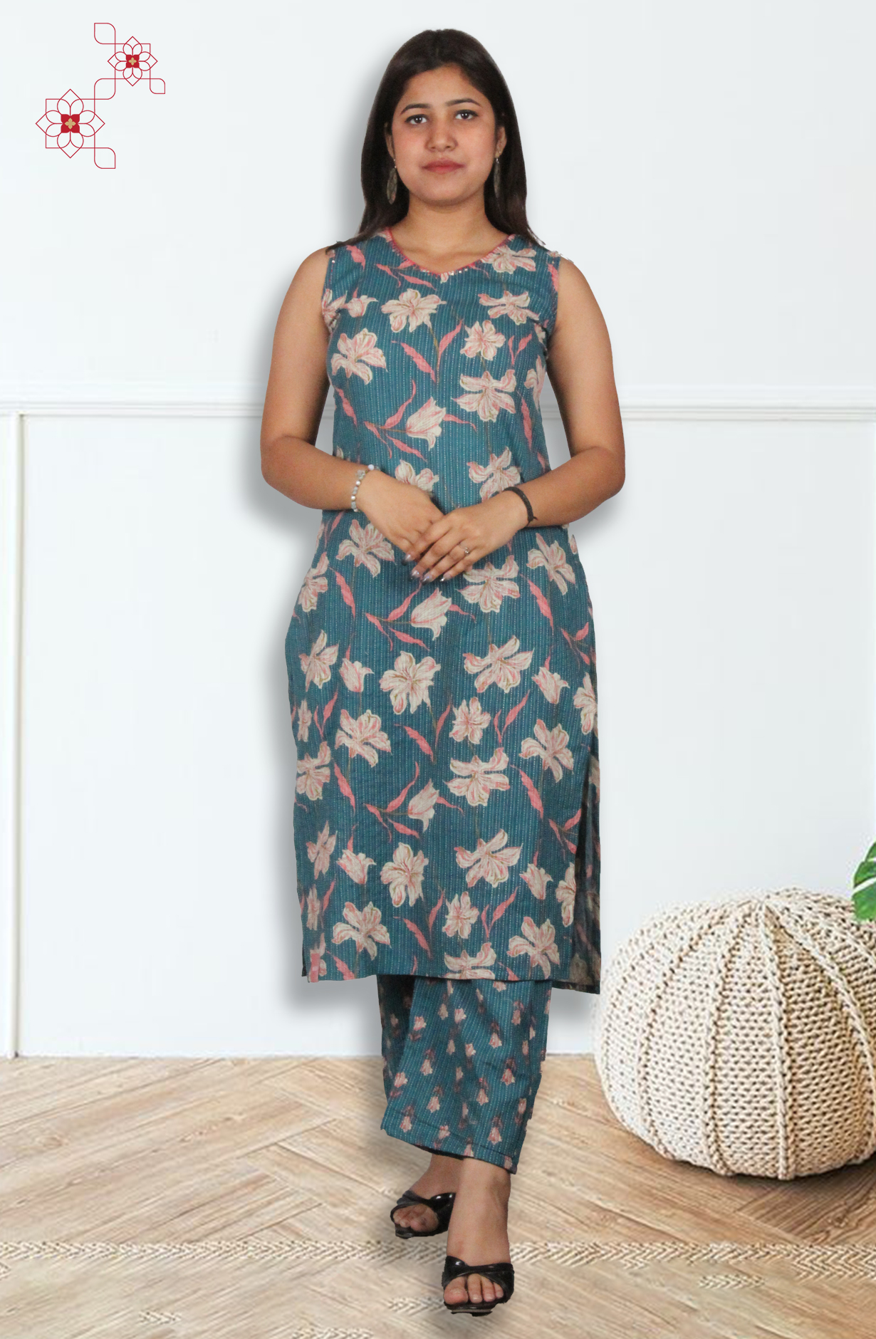 Teal Cotton Printed Top Bottom Set - 845-76261 - Available Size M to XXXL