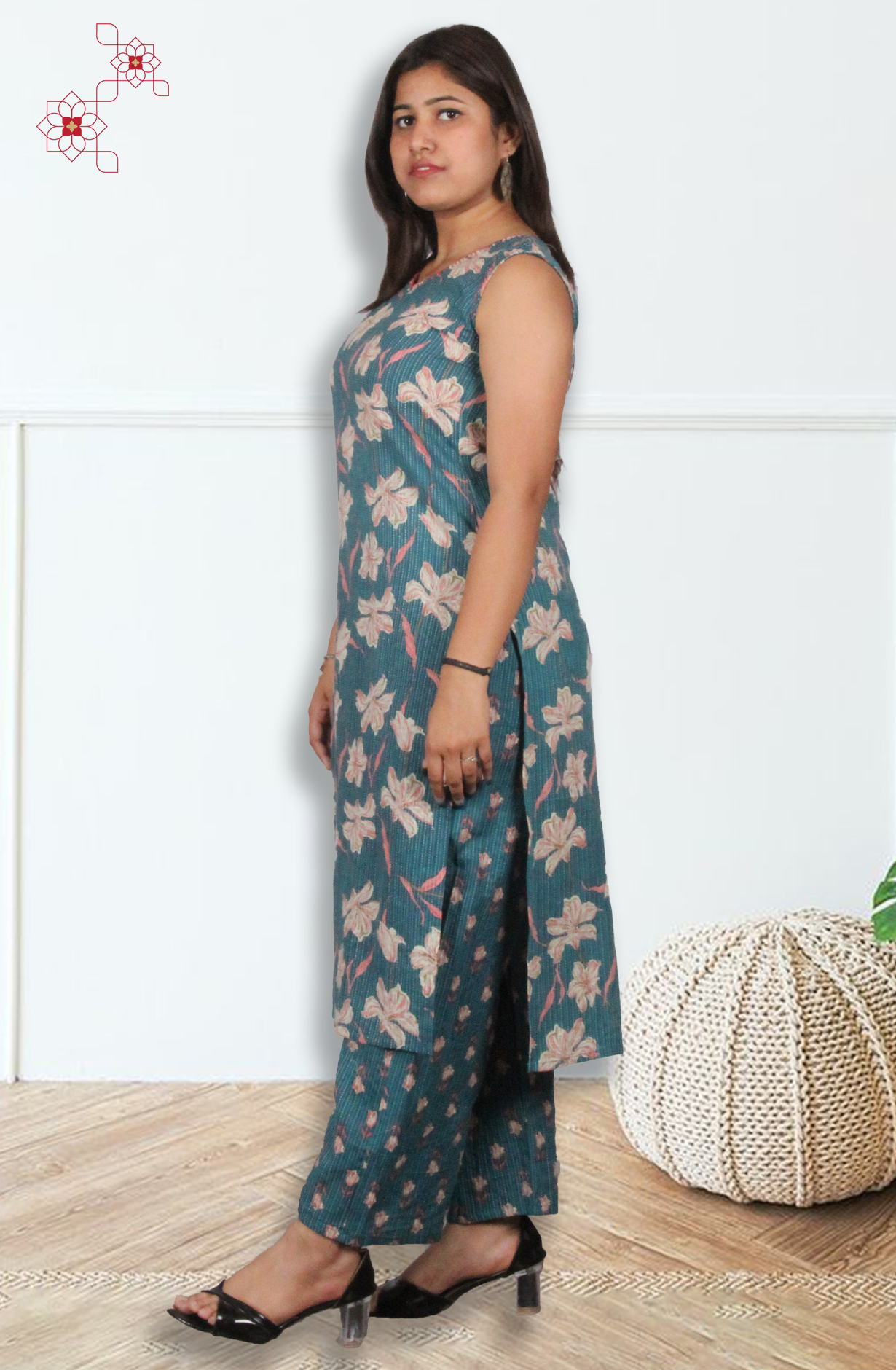 Teal Cotton Printed Top Bottom Set - 845-76261 - Available Size M to XXXL