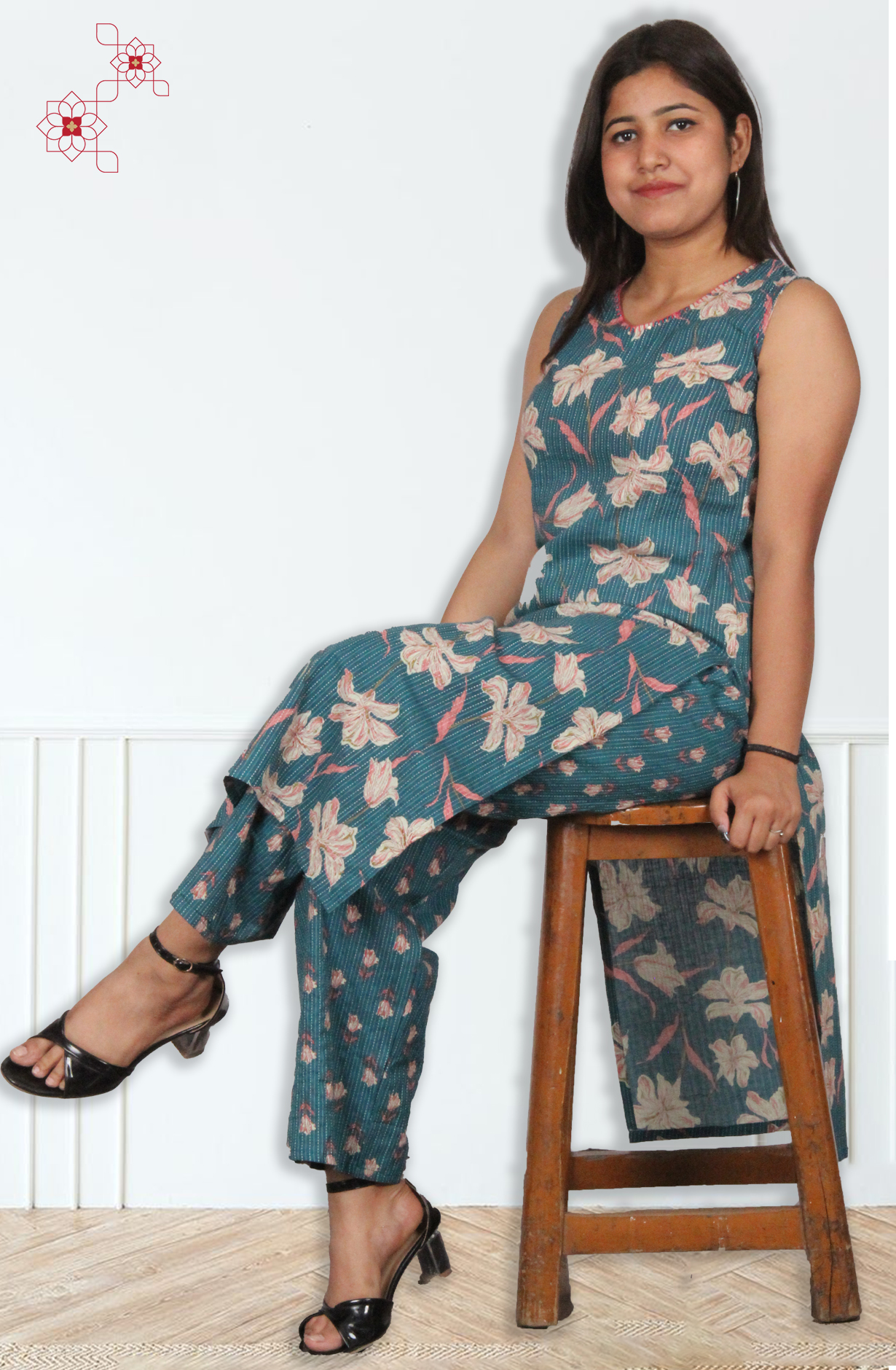 Teal Cotton Printed Top Bottom Set - 845-76261 - Available Size M to XXXL