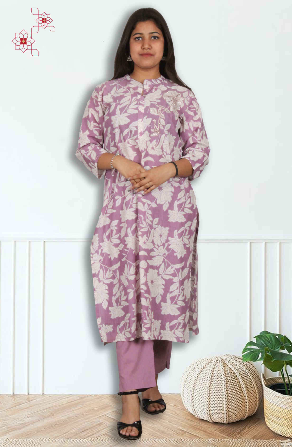 Mauve Cotton Printed Readymade Top Bottom Set - 845-76571 - Available Size M to XXXL