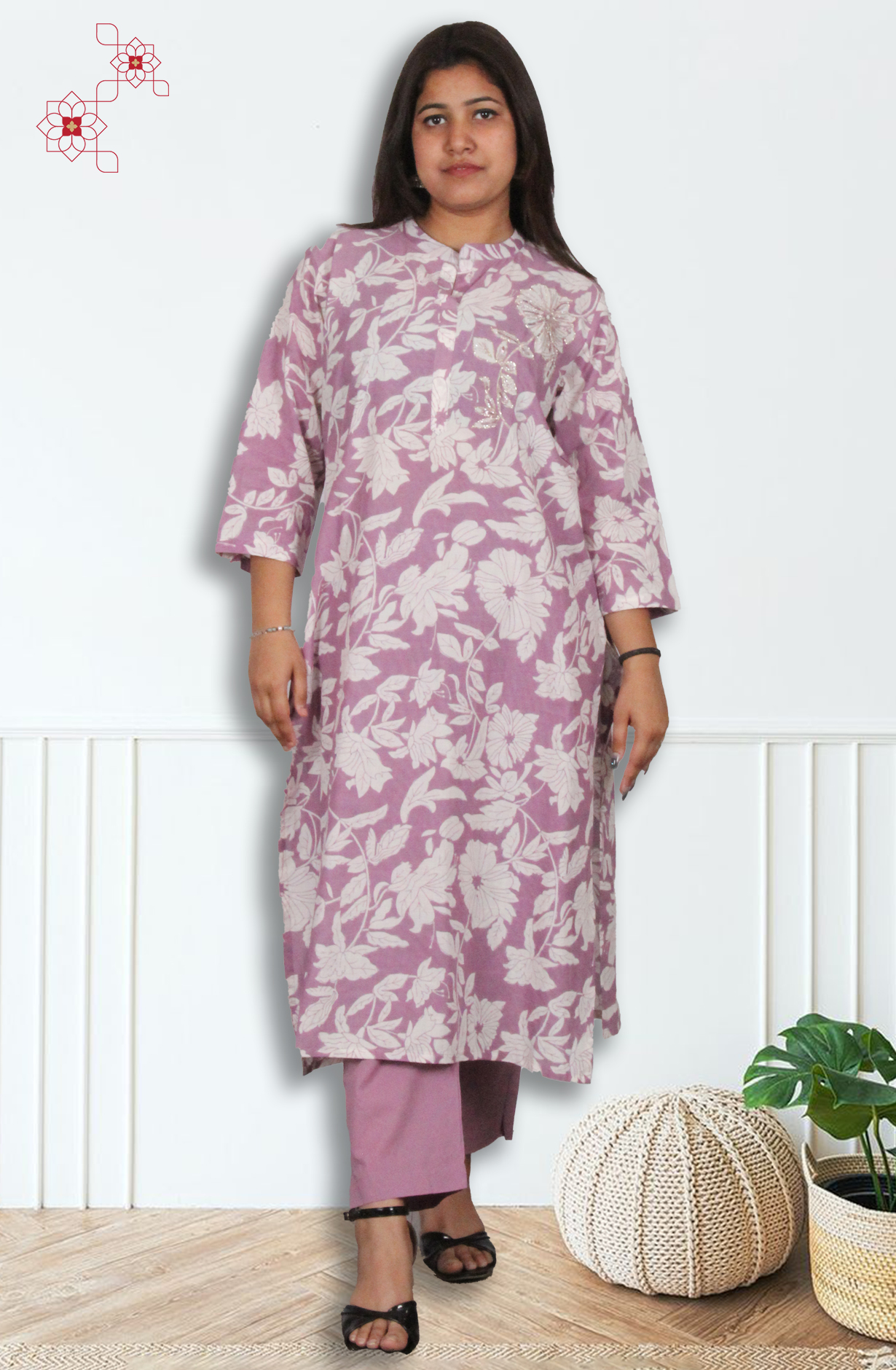 Mauve Cotton Printed Readymade Top Bottom Set - 845-76571 - Available Size M to XXXL