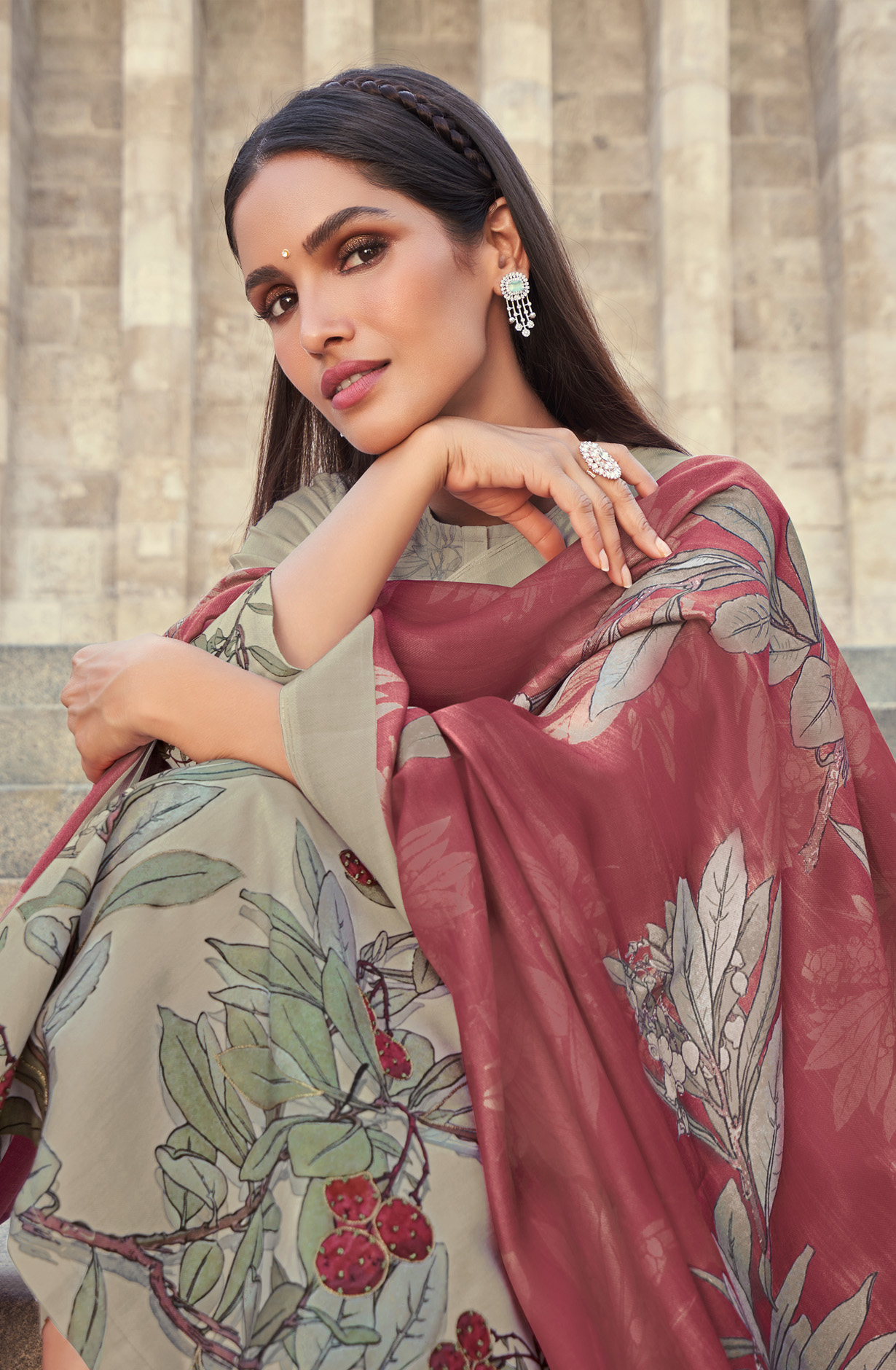 Cream Spun Digital Printed Winter Wear Salwar Kameez - FIT4538