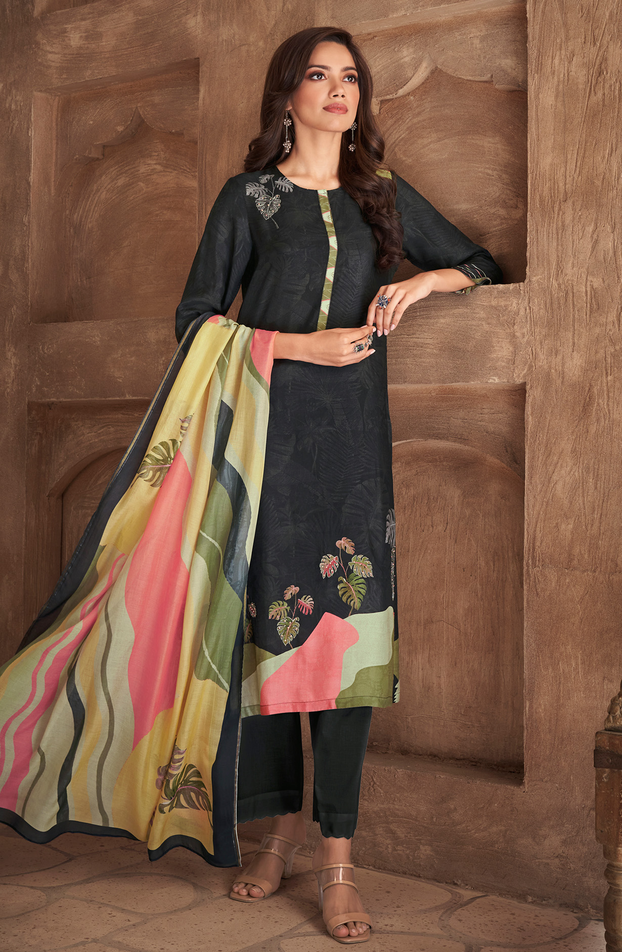 Black Cotton Digital Printed Unstitched Salwar Kameez - ITR535