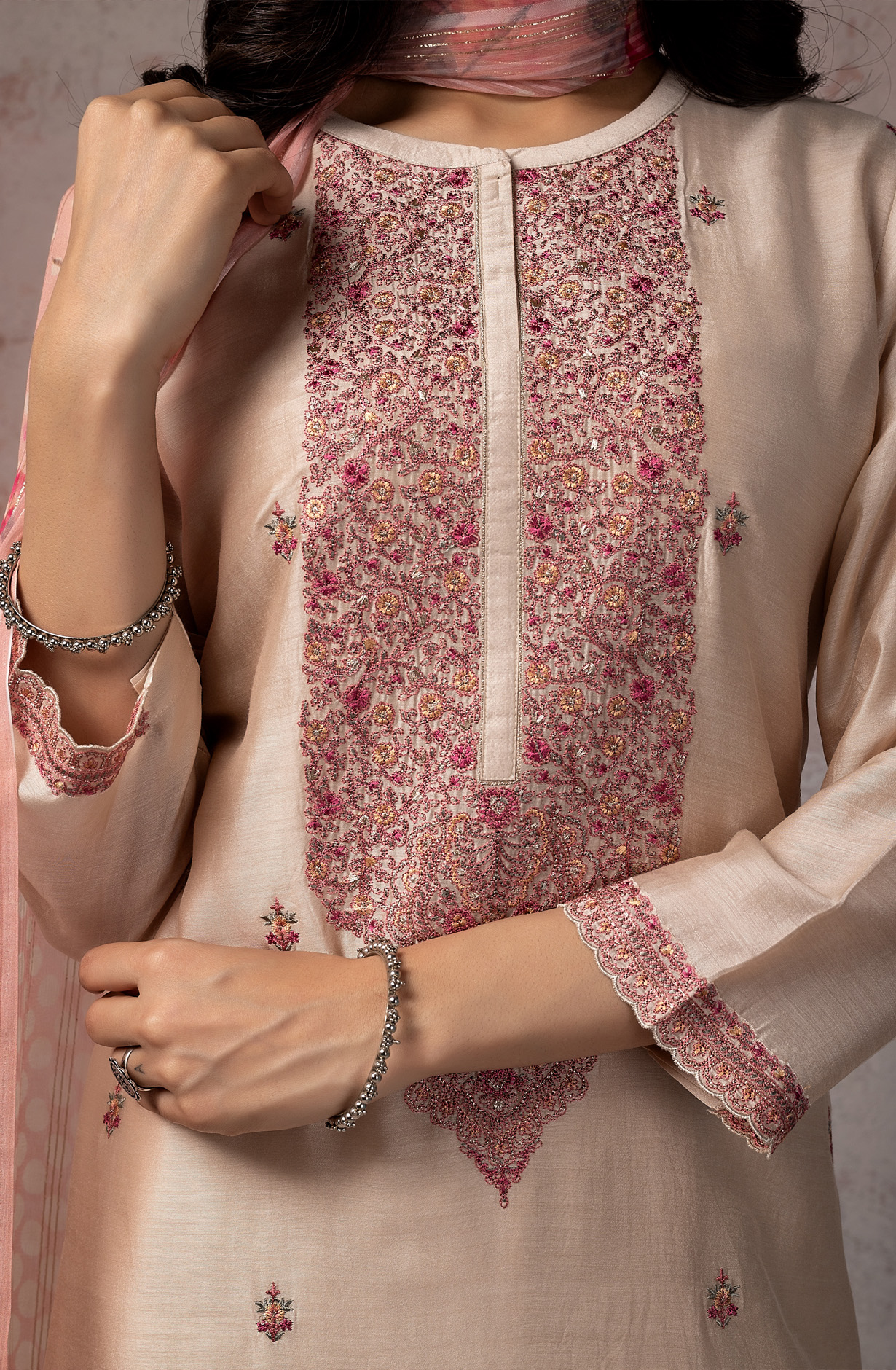 Beige Beautiful Muslin Salwar Suit with Chiffon Dupatta - NIS1891A