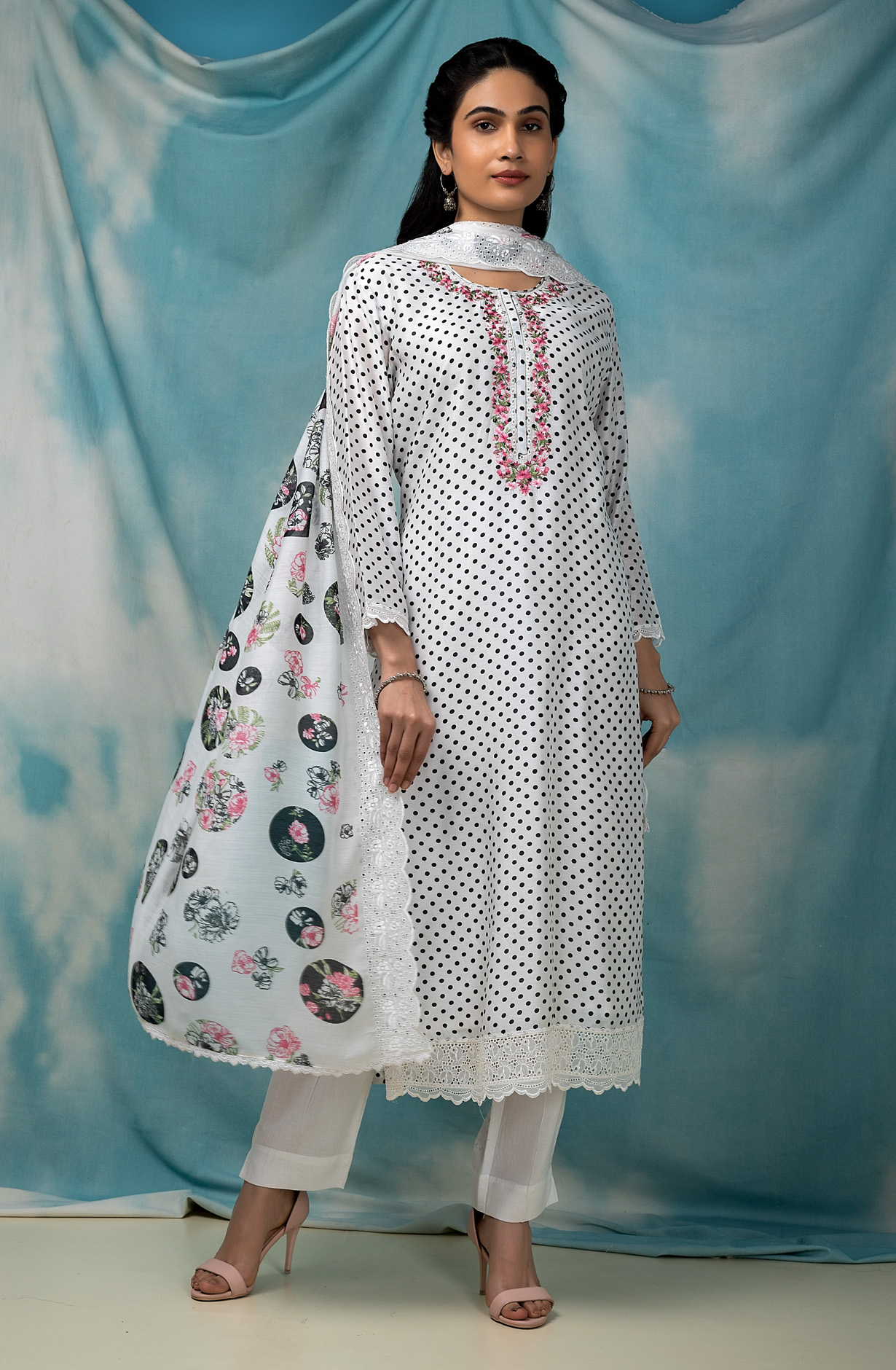 White and Black Muslin Beautiful Digital Printed Salwar Kameez - LAC1865A