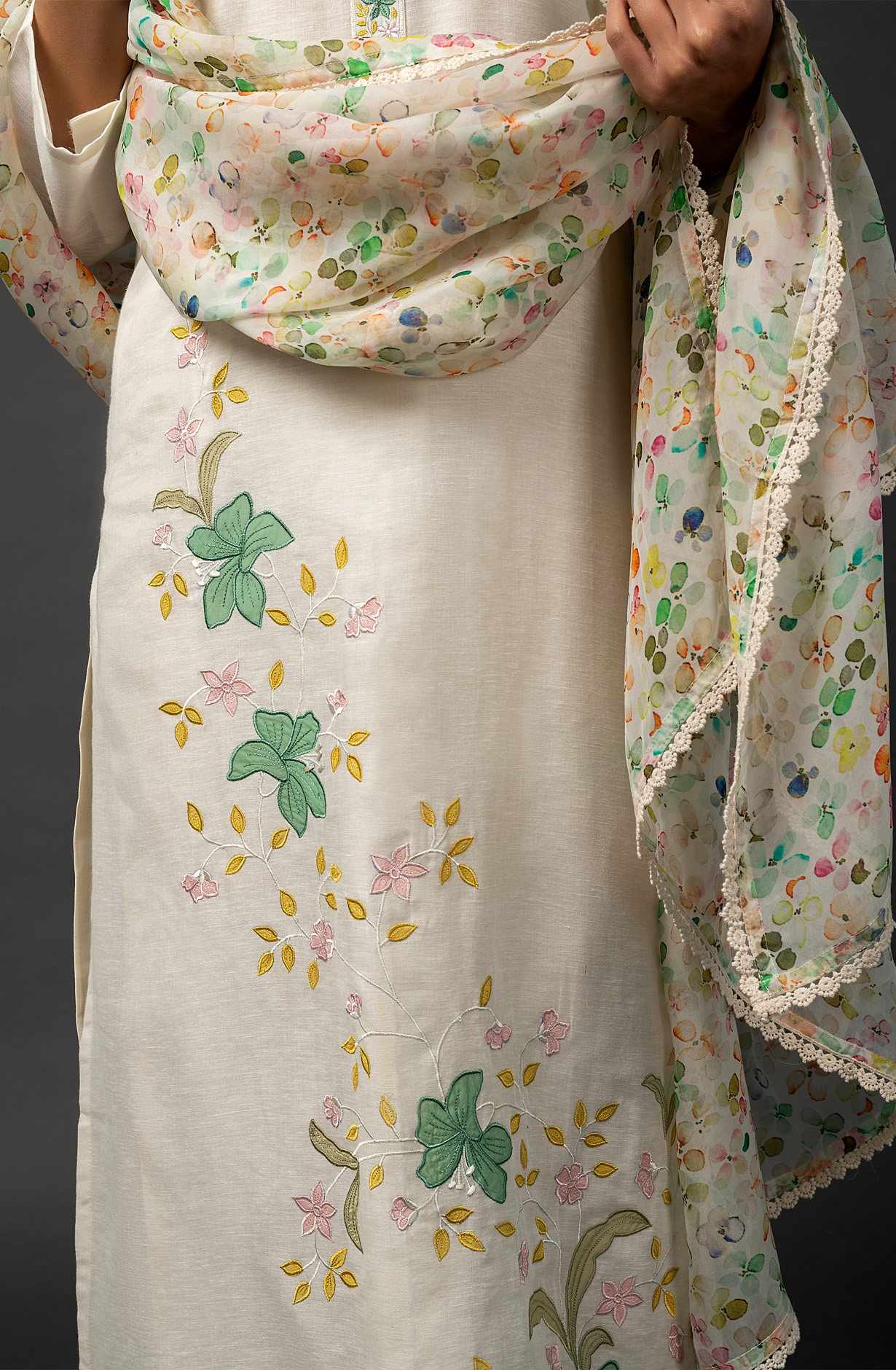 Cream Linen Beautiful Embroidered Salwar Suit with Organza Dupatta - R157-SPR1456