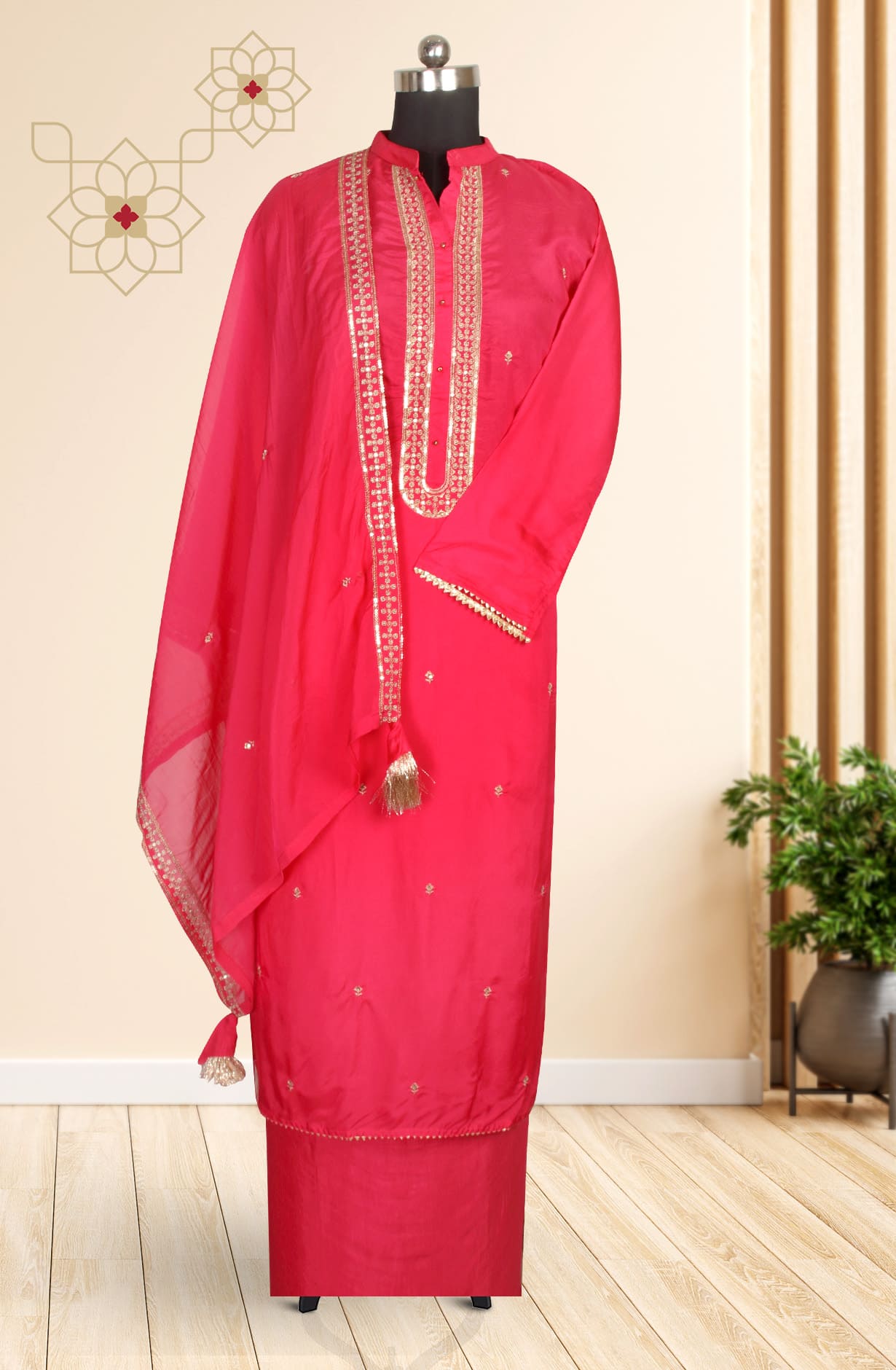 Rani Pink Silk Semi Stitched Suit-set with Organza Dupatta - 888-5490A