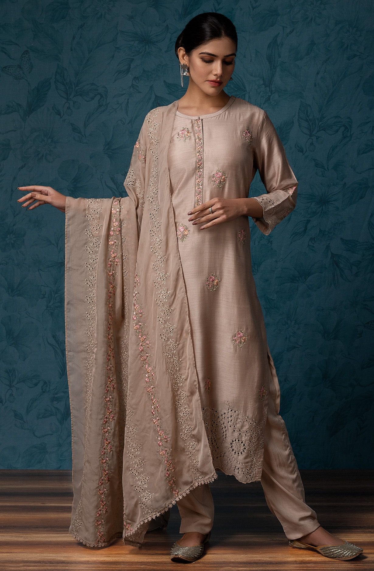 Beige Beautiful Muslin Embroidered Salwar Kameez with Organza Dupatta - GAR1870A