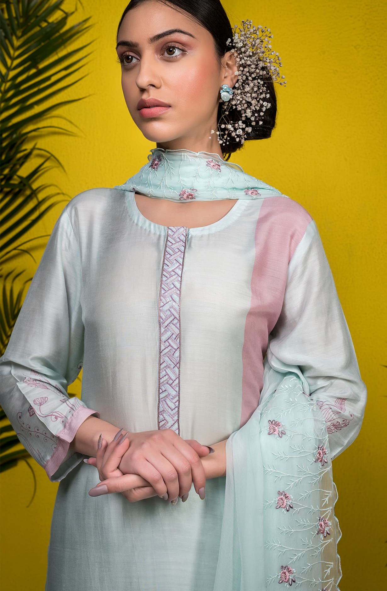 Sea Green Pink Muslin Exclusive Semi Stitched Suit-set with Chiffon Dupatta - NAR8833